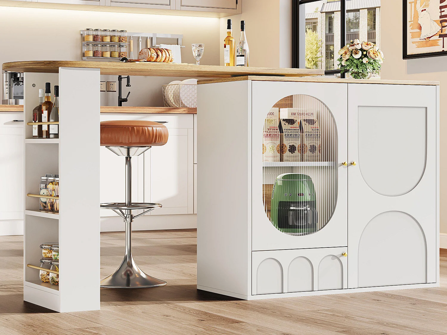 Meuble de bar pivotant 360° et escamotable - 204x39x105 cm - 3 portes - étagères ouvertes - blanc