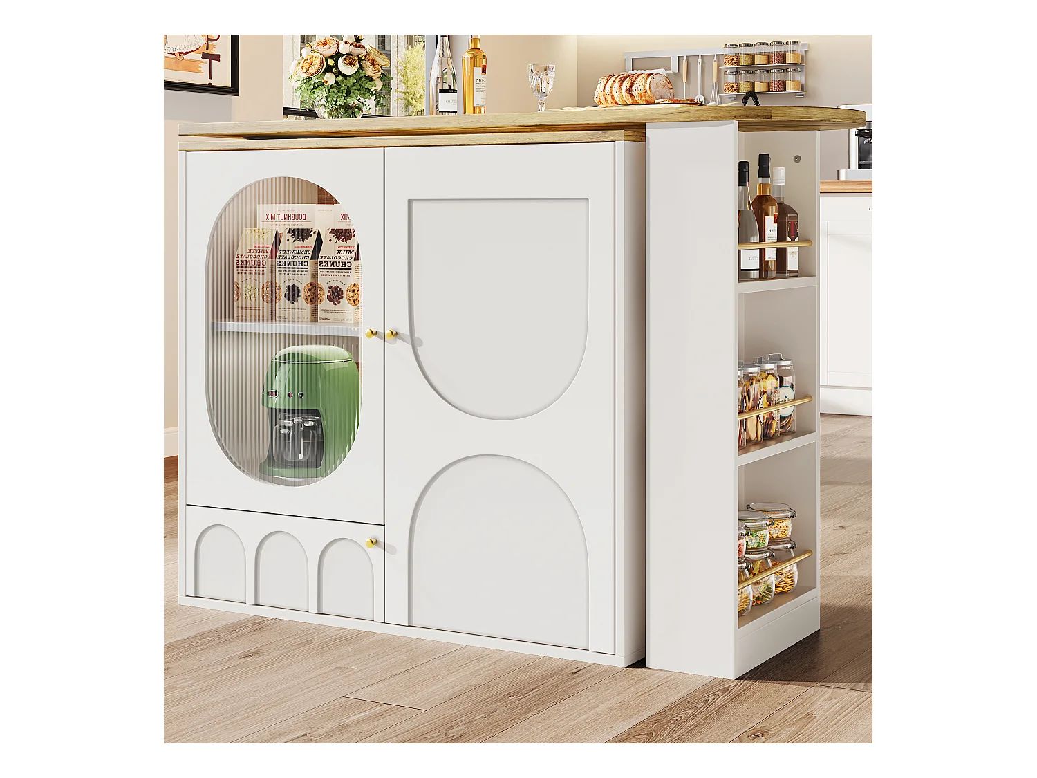 Meuble de bar pivotant 360° et escamotable - 204x39x105 cm - 3 portes - étagères ouvertes - blanc