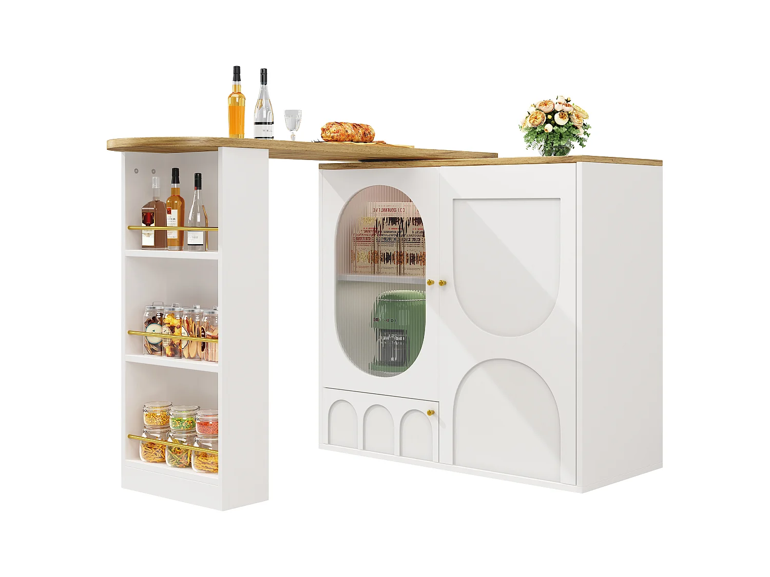 Meuble de bar pivotant 360° et escamotable - 204x39x105 cm - 3 portes - étagères ouvertes - blanc
