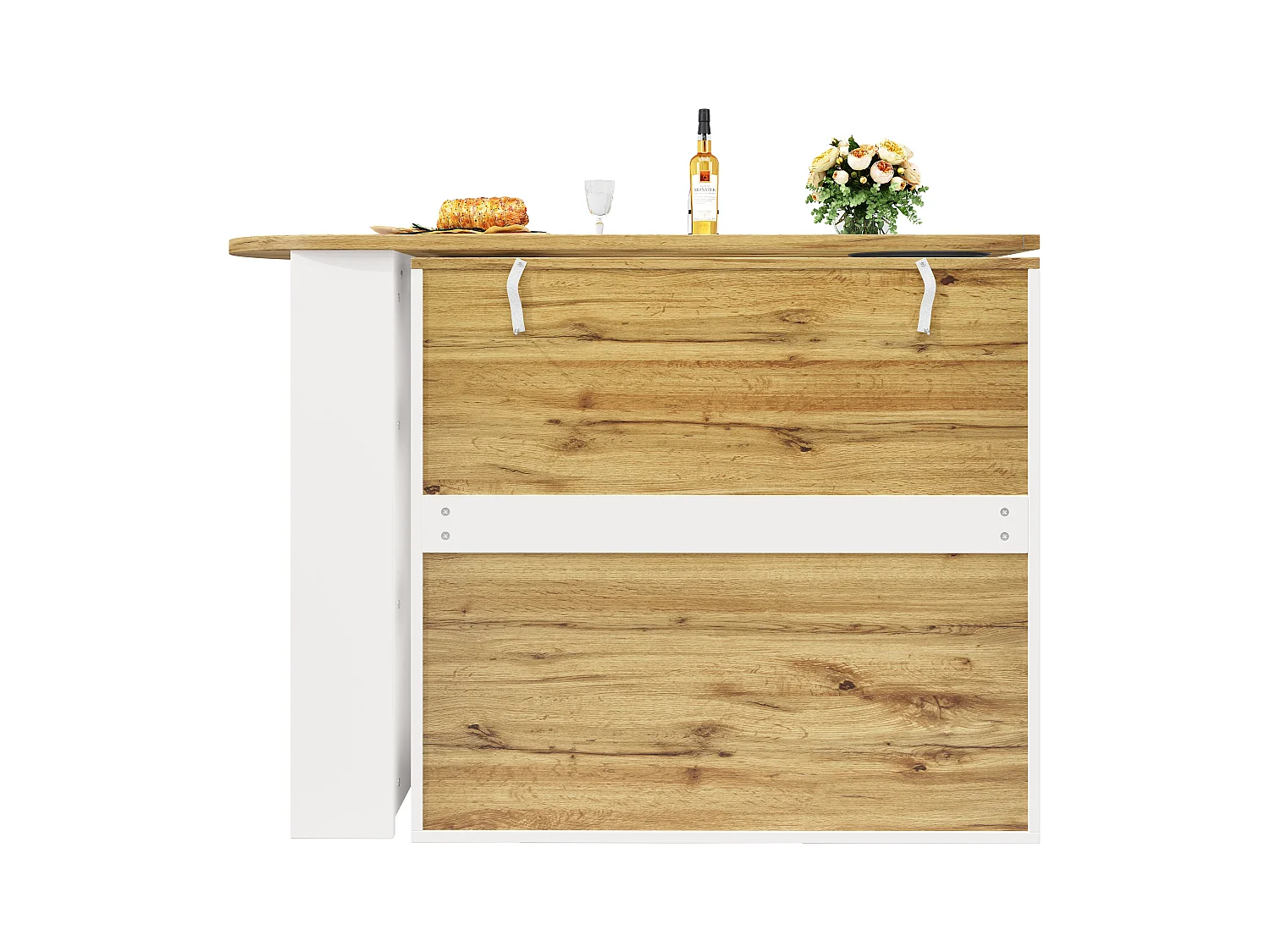Meuble de bar pivotant 360° et escamotable - 204x39x105 cm - 3 portes - étagères ouvertes - blanc