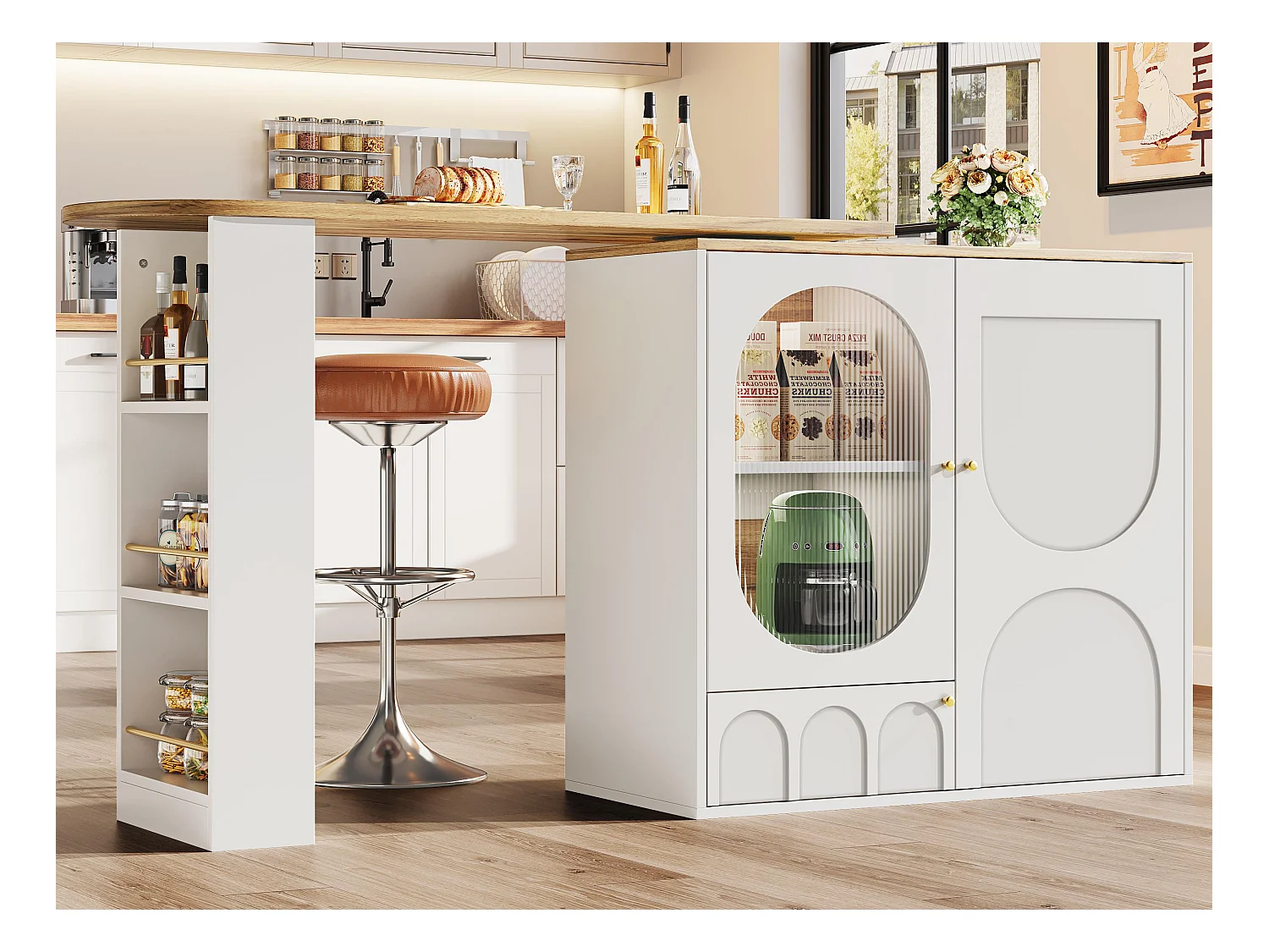 Meuble de bar pivotant 360° et escamotable - 204x39x105 cm - 3 portes - étagères ouvertes - blanc