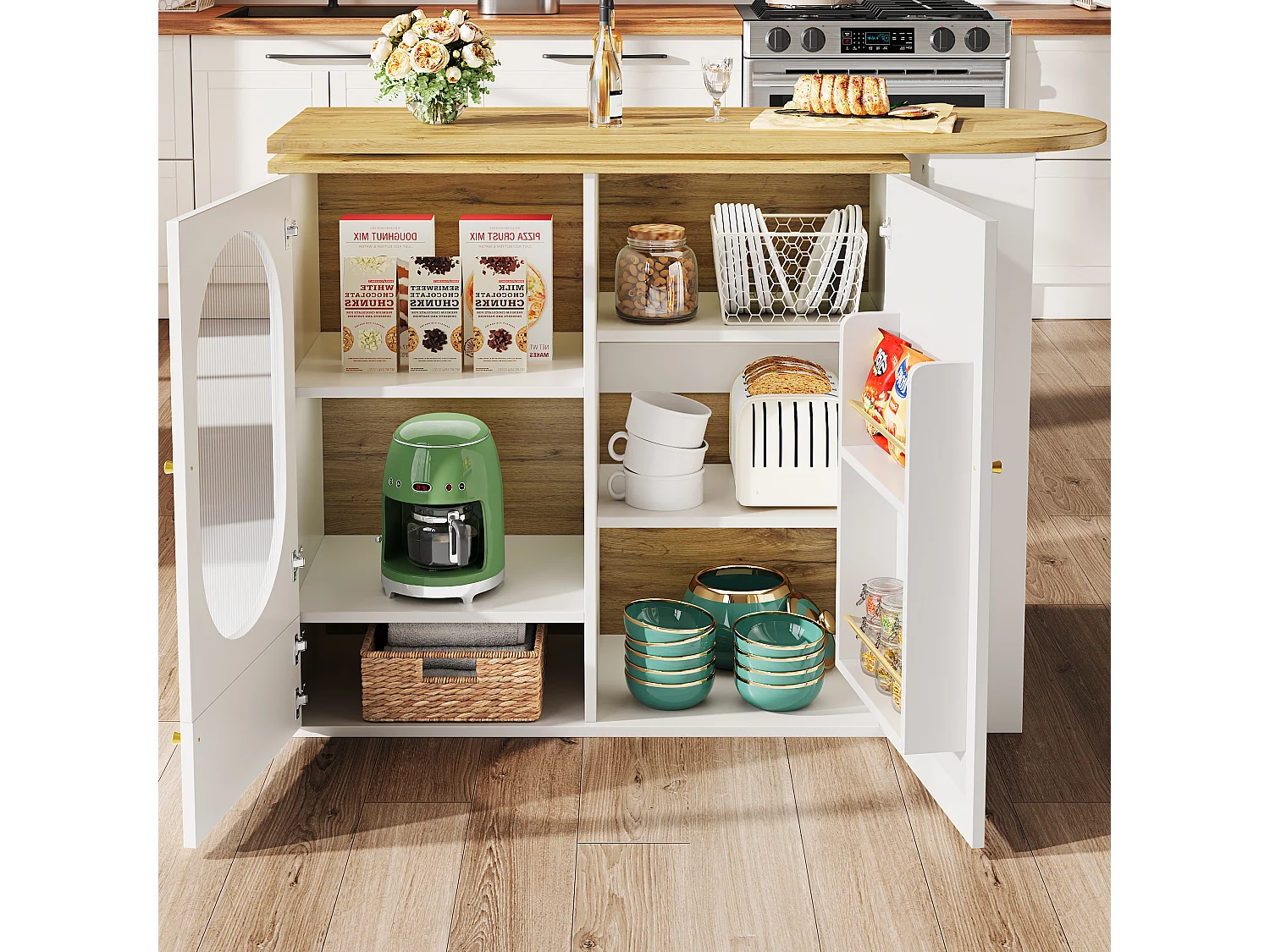 Meuble de bar pivotant 360° et escamotable - 204x39x105 cm - 3 portes - étagères ouvertes - blanc