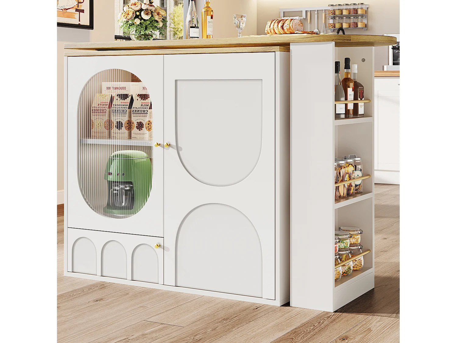 Meuble de bar pivotant 360° et escamotable - 204x39x105 cm - 3 portes - étagères ouvertes - blanc