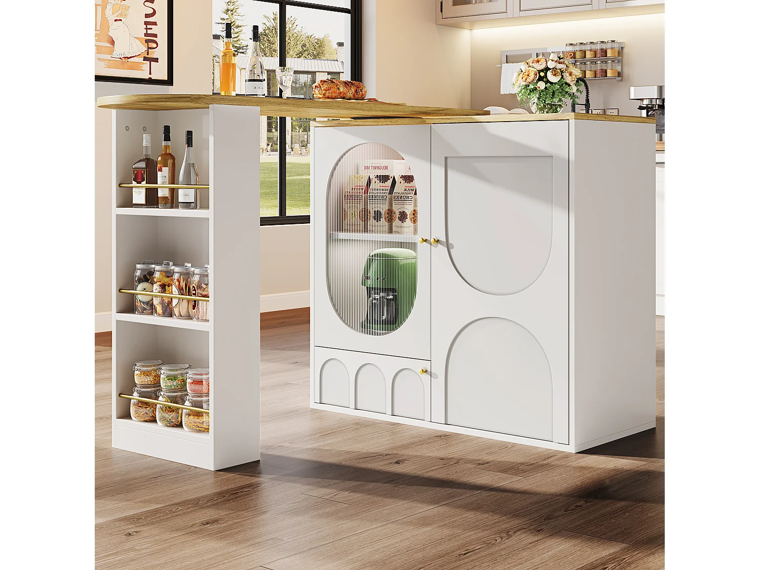 Dreh- und versenkbare Bar-Kommode 360° - 204×39×105 cm - 3 Türen - offene Regale - weiß