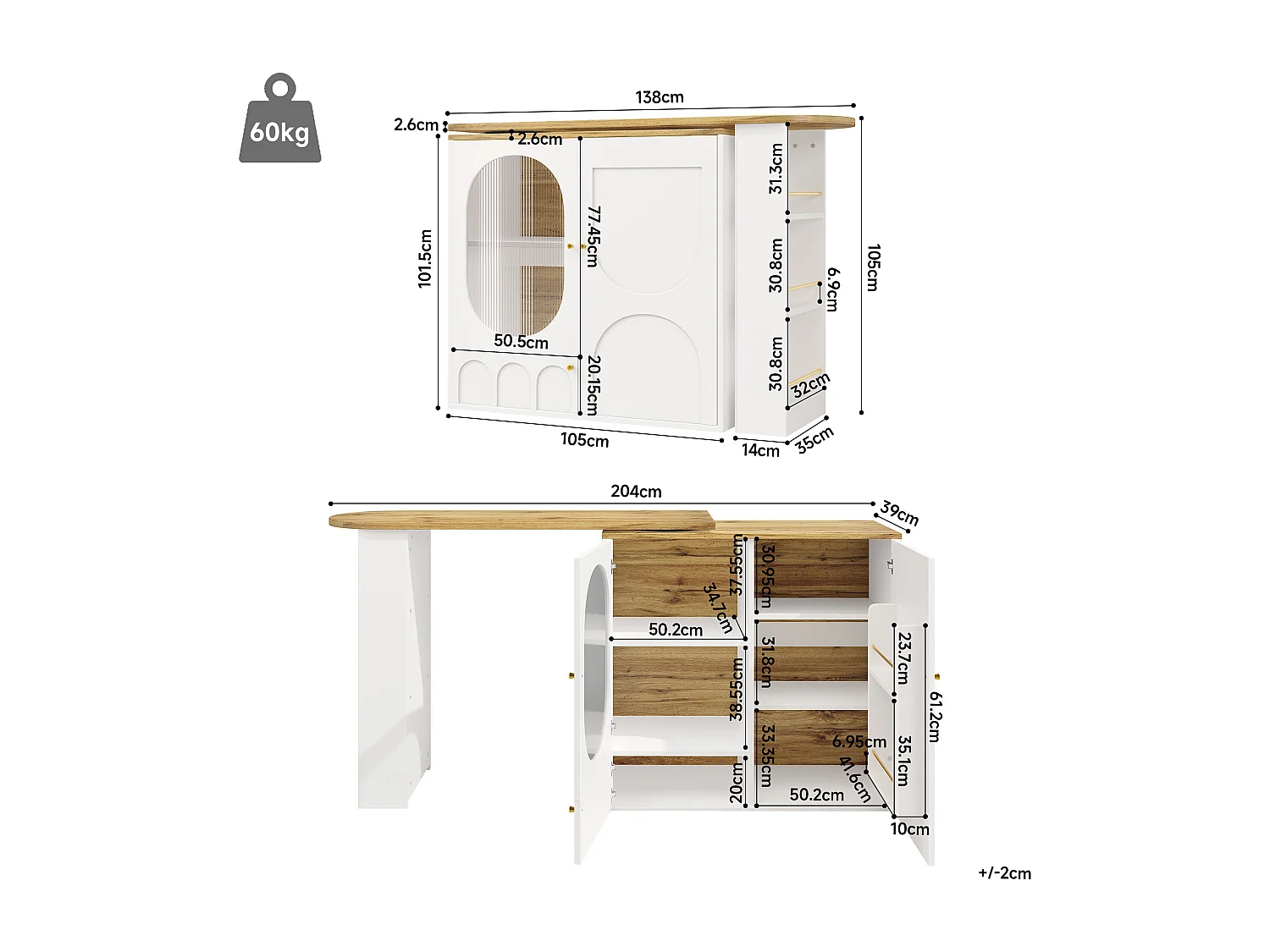 Dreh- und versenkbare Bar-Kommode 360° - 204×39×105 cm - 3 Türen - offene Regale - weiß