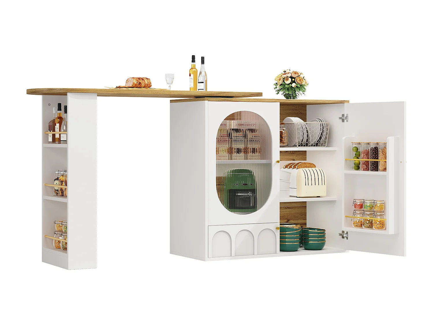 Dreh- und versenkbare Bar-Kommode 360° - 204×39×105 cm - 3 Türen - offene Regale - weiß