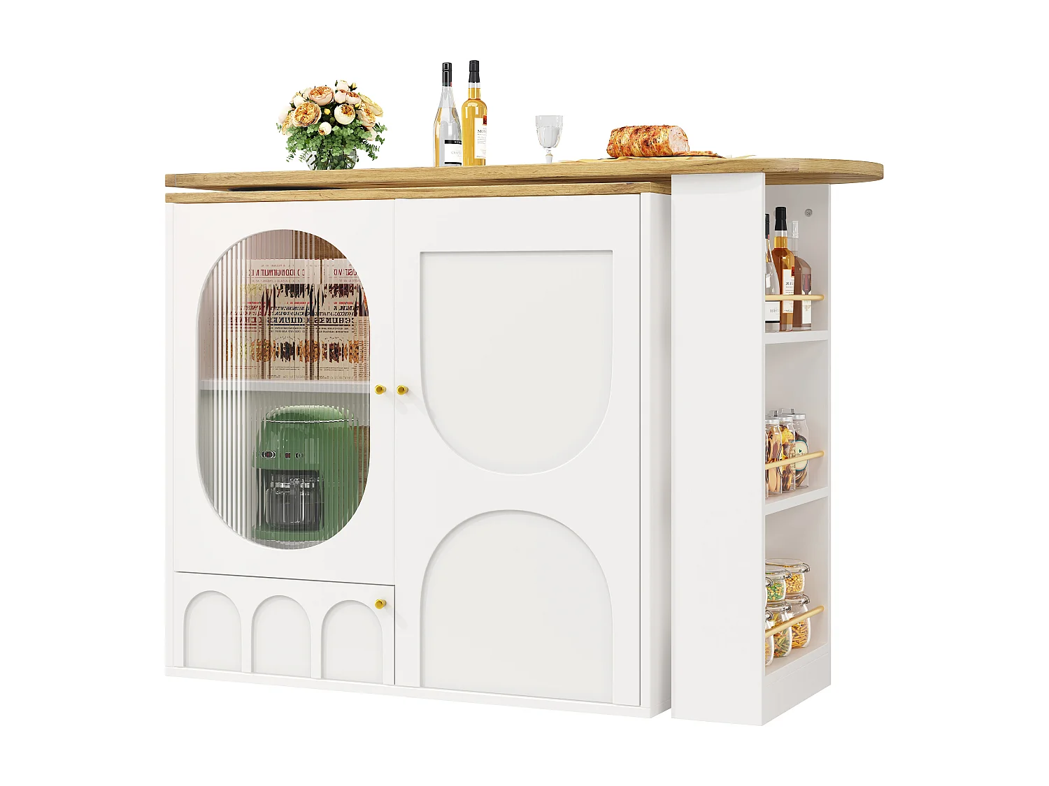 Dreh- und versenkbare Bar-Kommode 360° - 204×39×105 cm - 3 Türen - offene Regale - weiß