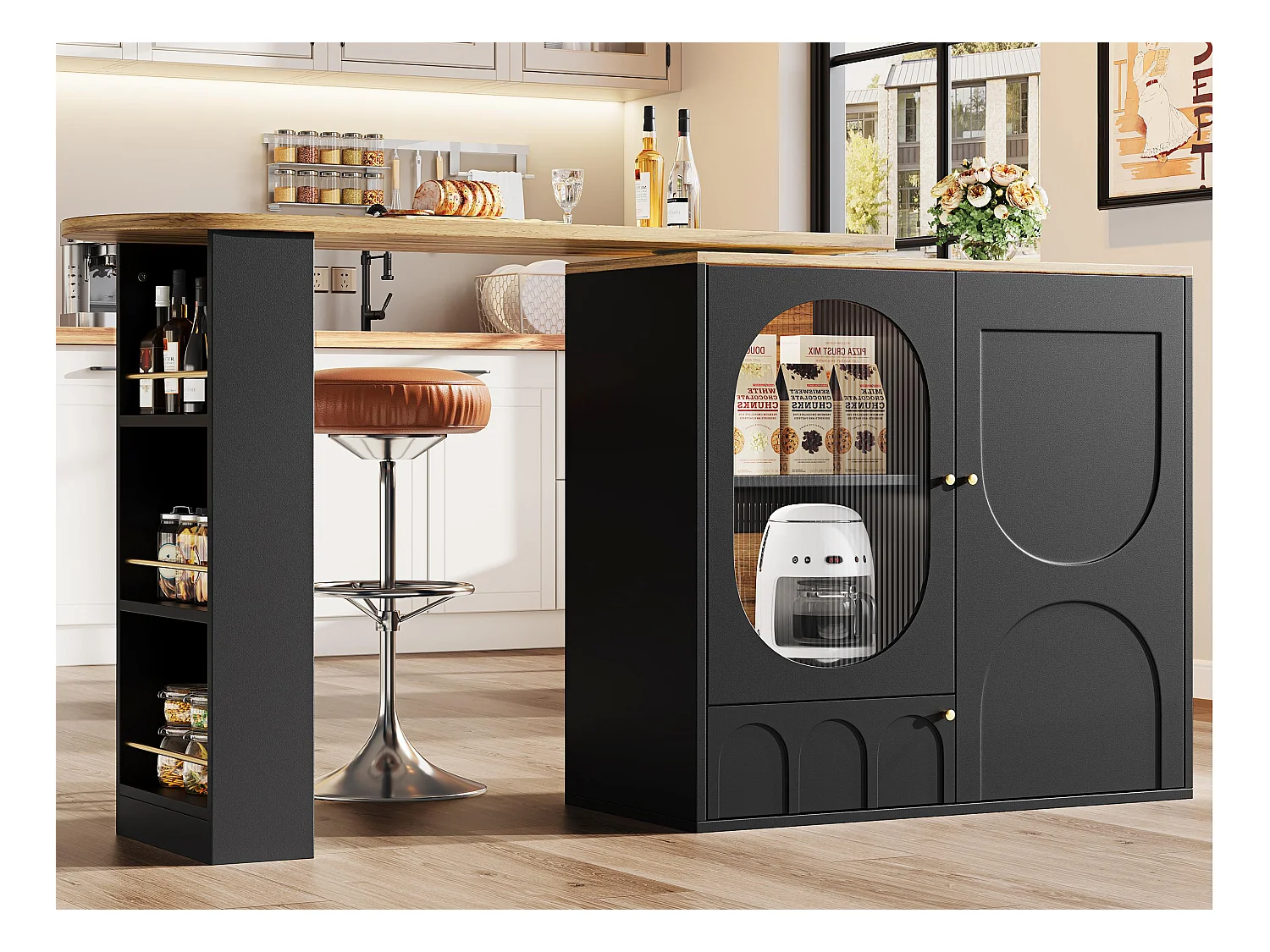 Meuble de bar pivotant 360° et escamotable - 204x39x105 cm - 3 portes - étagères ouvertes - noir