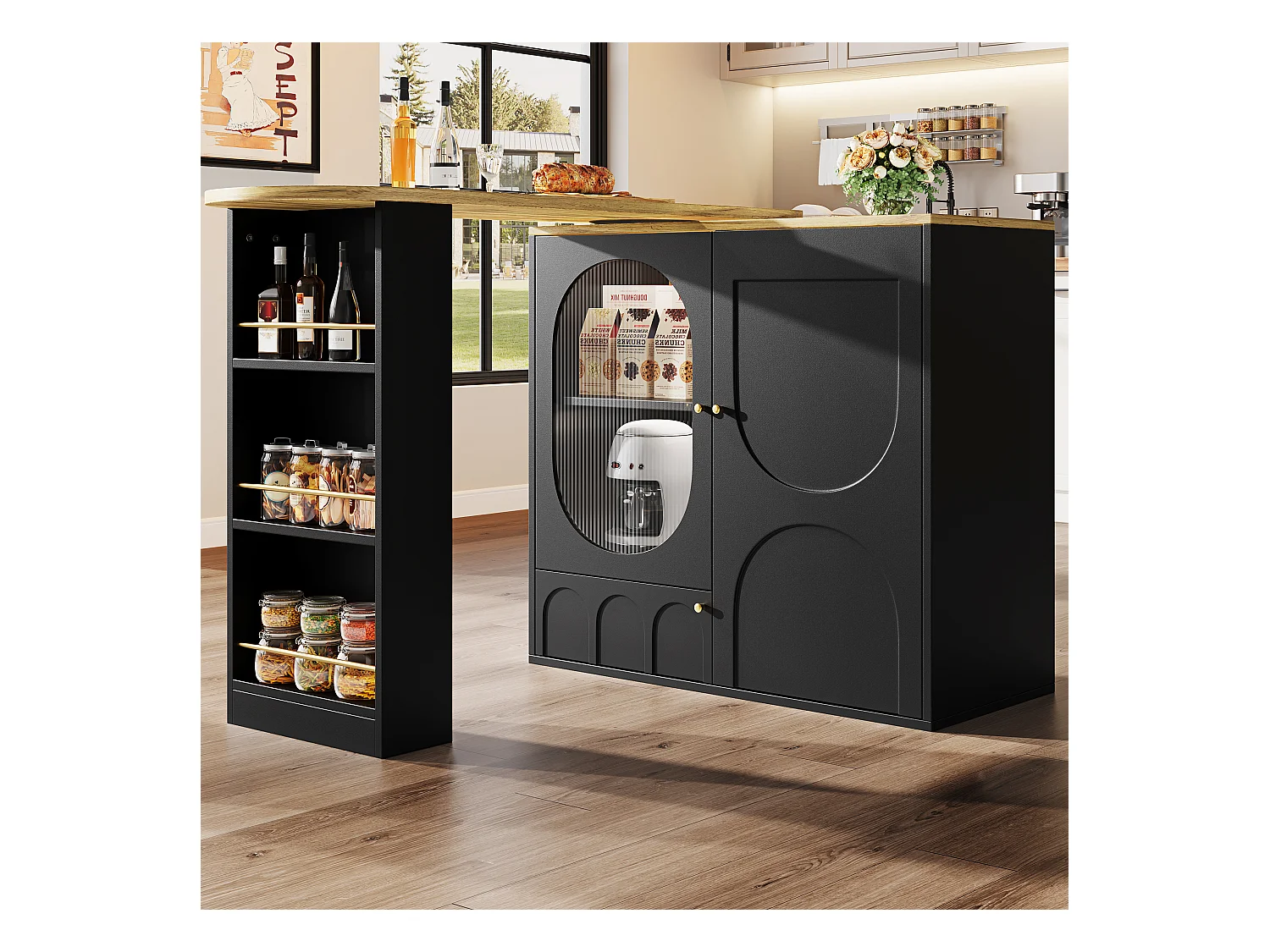 Meuble de bar pivotant 360° et escamotable - 204x39x105 cm - 3 portes - étagères ouvertes - noir