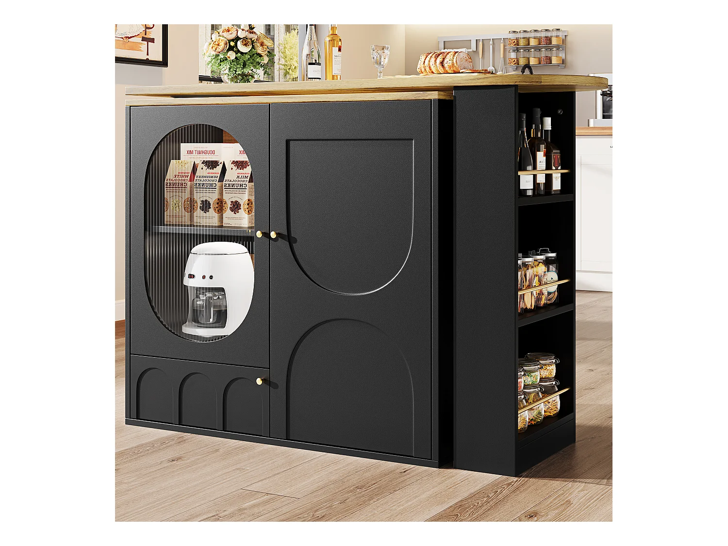 Meuble de bar pivotant 360° et escamotable - 204x39x105 cm - 3 portes - étagères ouvertes - noir