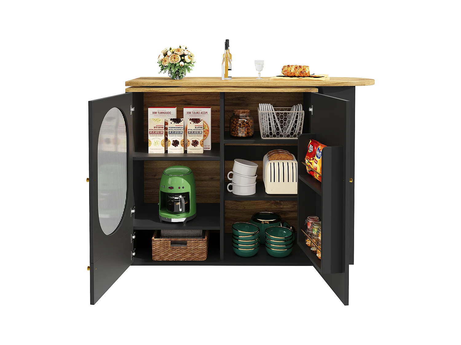 Meuble de bar pivotant 360° et escamotable - 204x39x105 cm - 3 portes - étagères ouvertes - noir