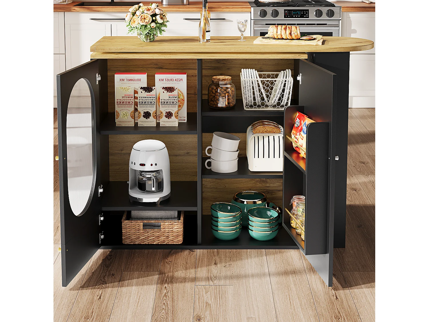 Meuble de bar pivotant 360° et escamotable - 204x39x105 cm - 3 portes - étagères ouvertes - noir