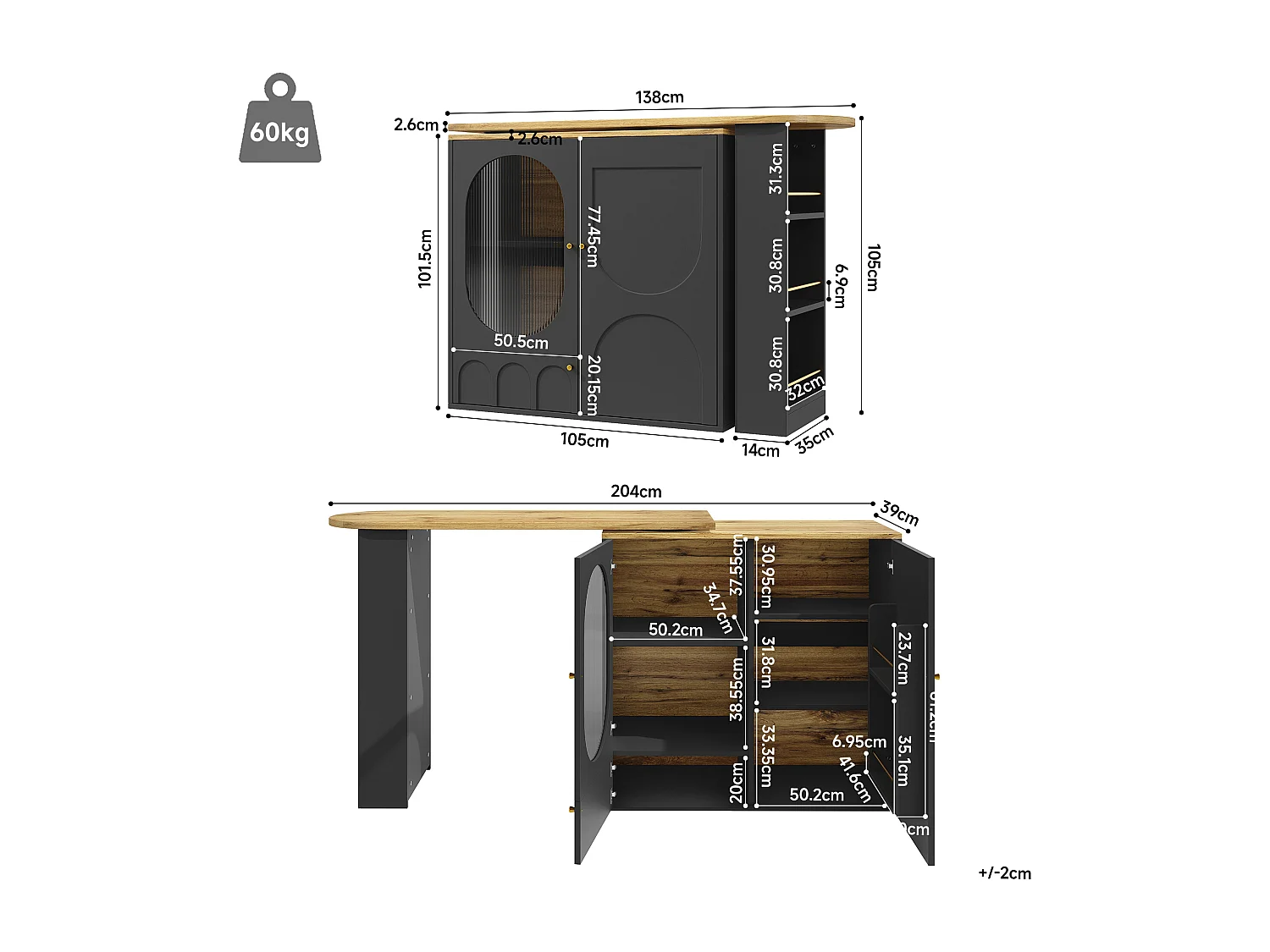 Meuble de bar pivotant 360° et escamotable - 204x39x105 cm - 3 portes - étagères ouvertes - noir