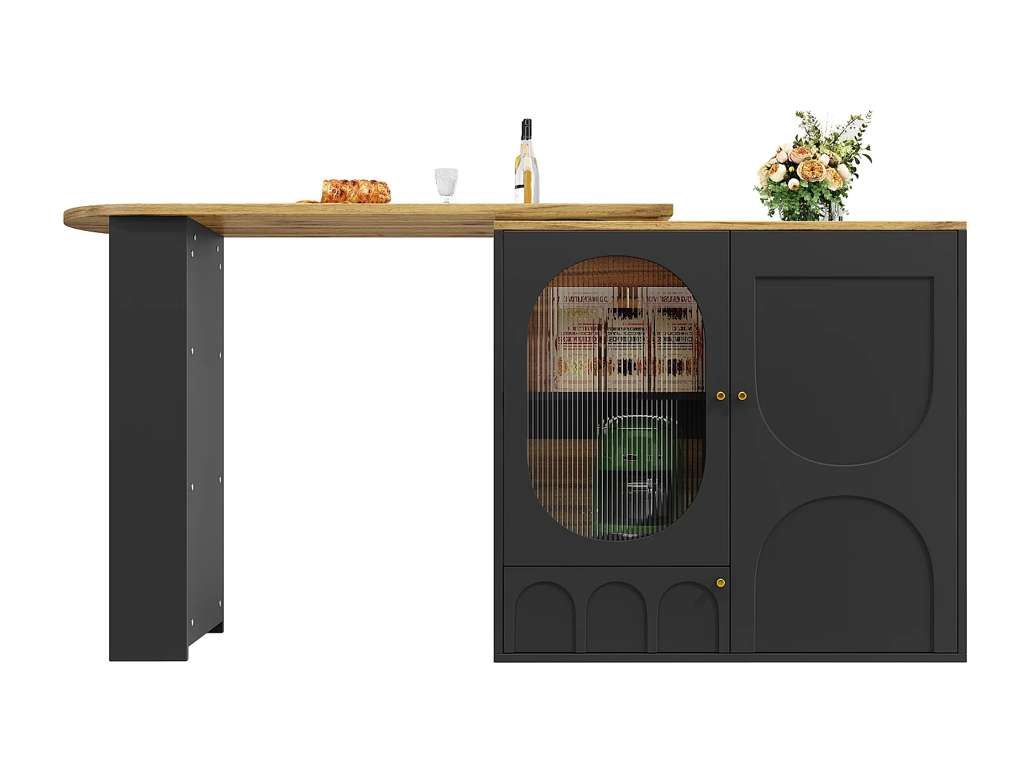 Meuble de bar pivotant 360° et escamotable - 204x39x105 cm - 3 portes - étagères ouvertes - noir