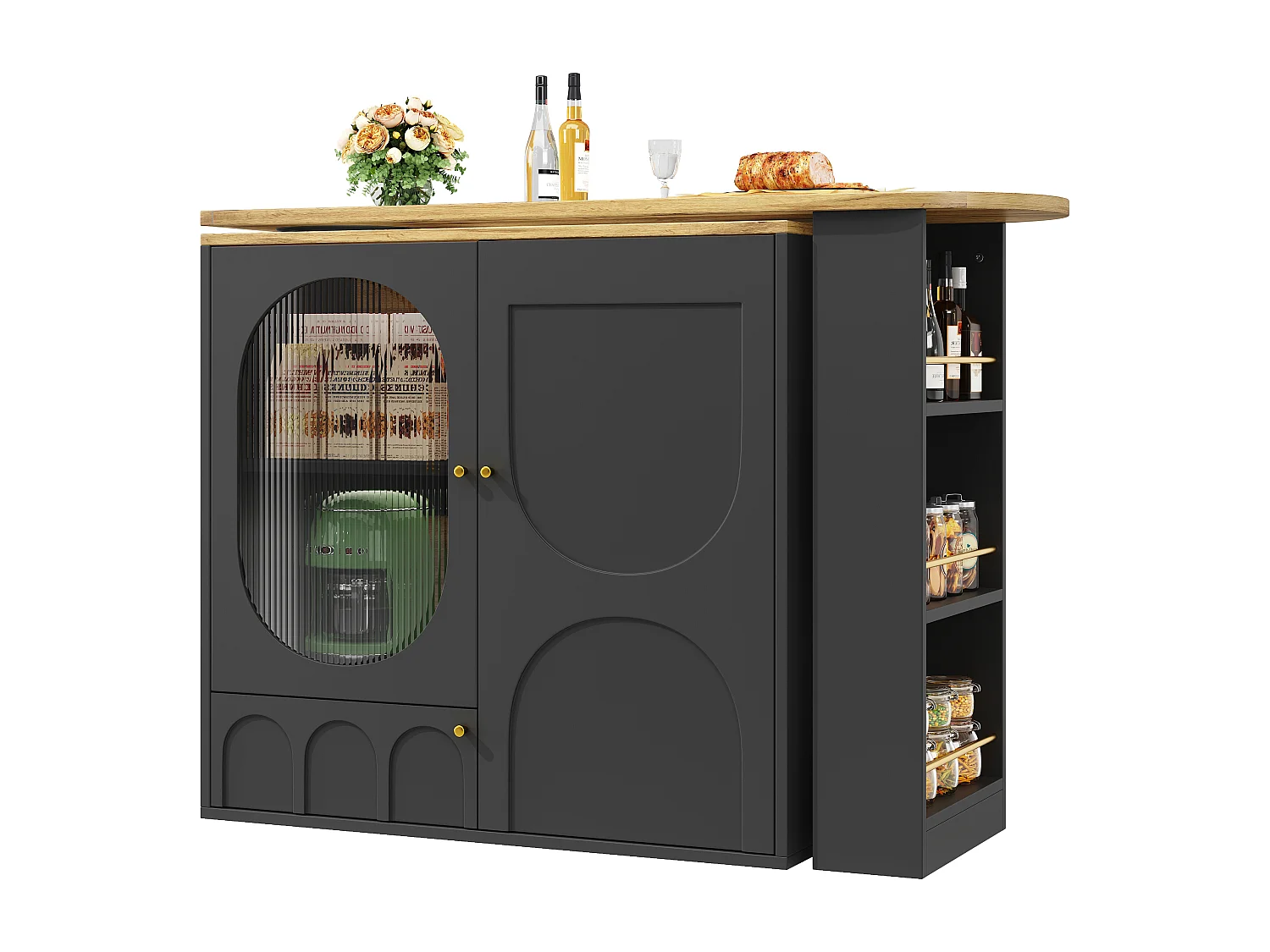 Meuble de bar pivotant 360° et escamotable - 204x39x105 cm - 3 portes - étagères ouvertes - noir