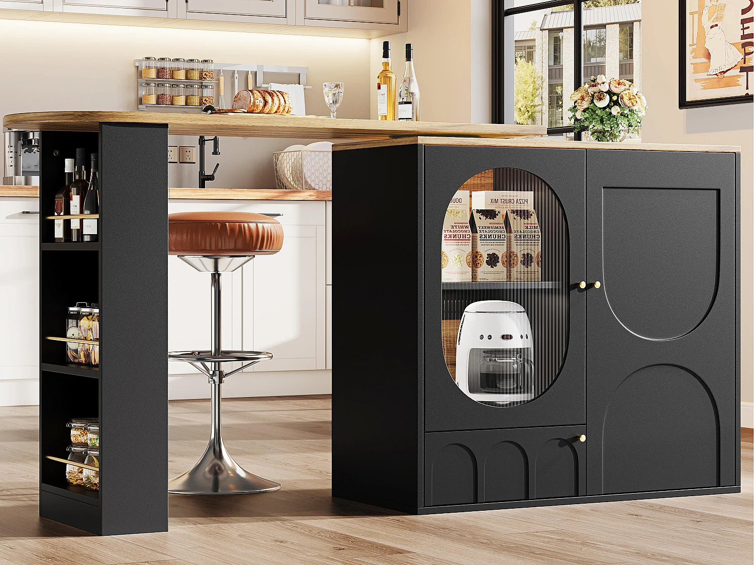 Mobile bar girevole e retrattile 360° - 204×39×105 cm - 3 ante - scaffali aperti - nero