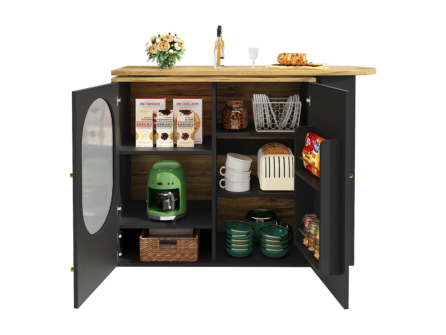 Mobile bar girevole e retrattile 360° - 204×39×105 cm - 3 ante - scaffali aperti - nero