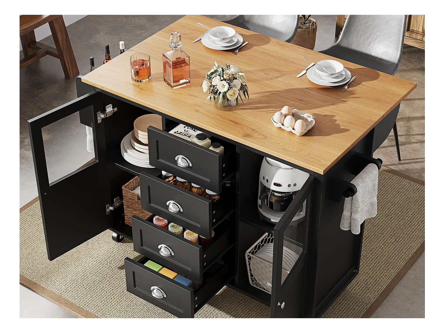 Ilot central de cuisine mobile 137.9x73x92.5cm - 4 tiroirs et 2 portes - plateau extensible - noir