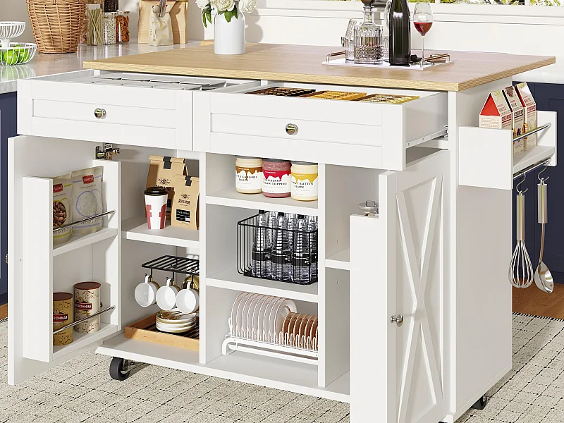 Nowoczesna wyspa kuchenna 134×45,2×89 cm - 2 szuflady i 2 drzwi - rozsuwana blata - z kółkami - biała