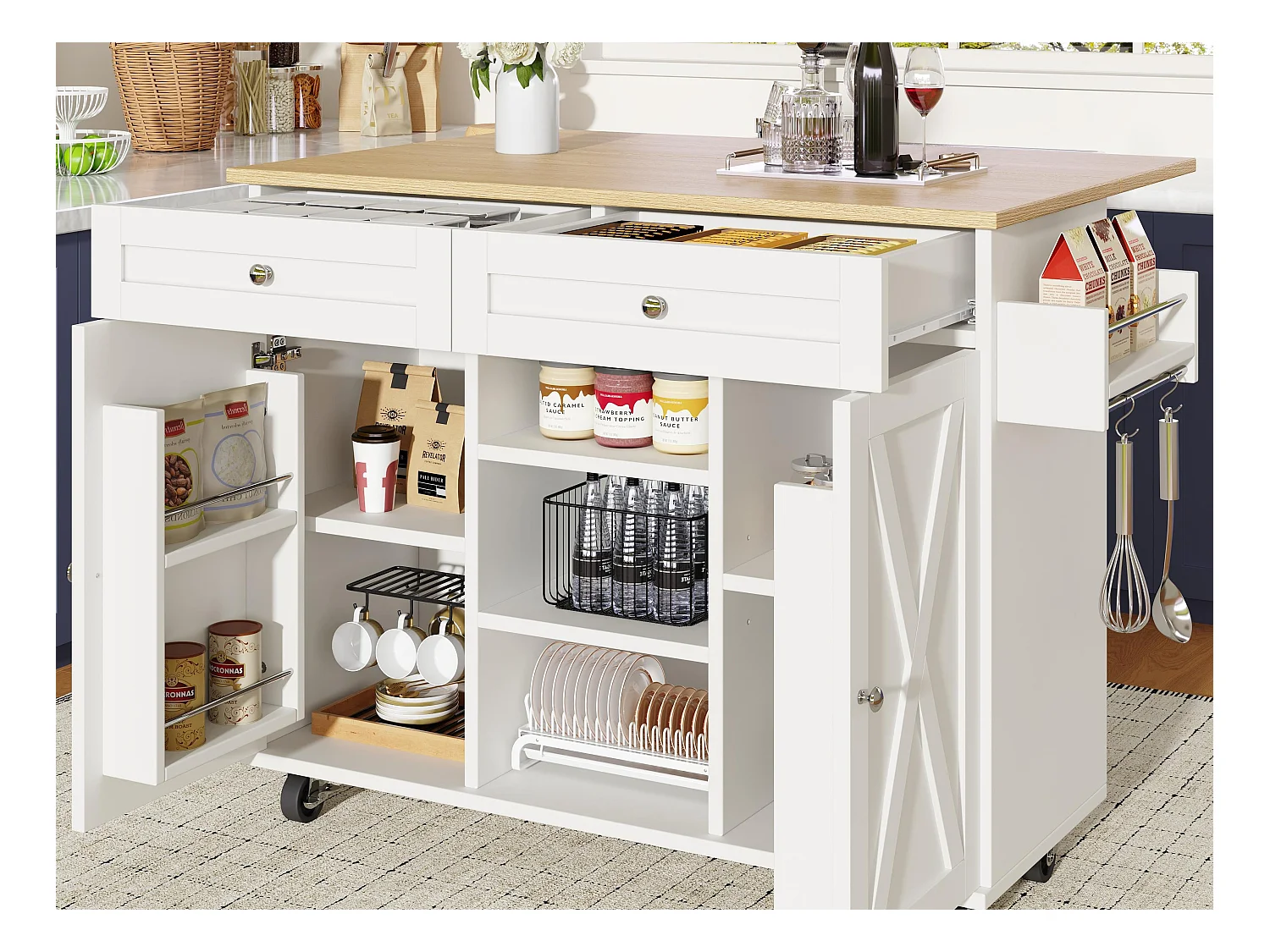 Ilot central de cuisine moderne 134x45.2x89cm - 2 tiroirs et 2 portes - plateau extensible - avec roulettes - blanc