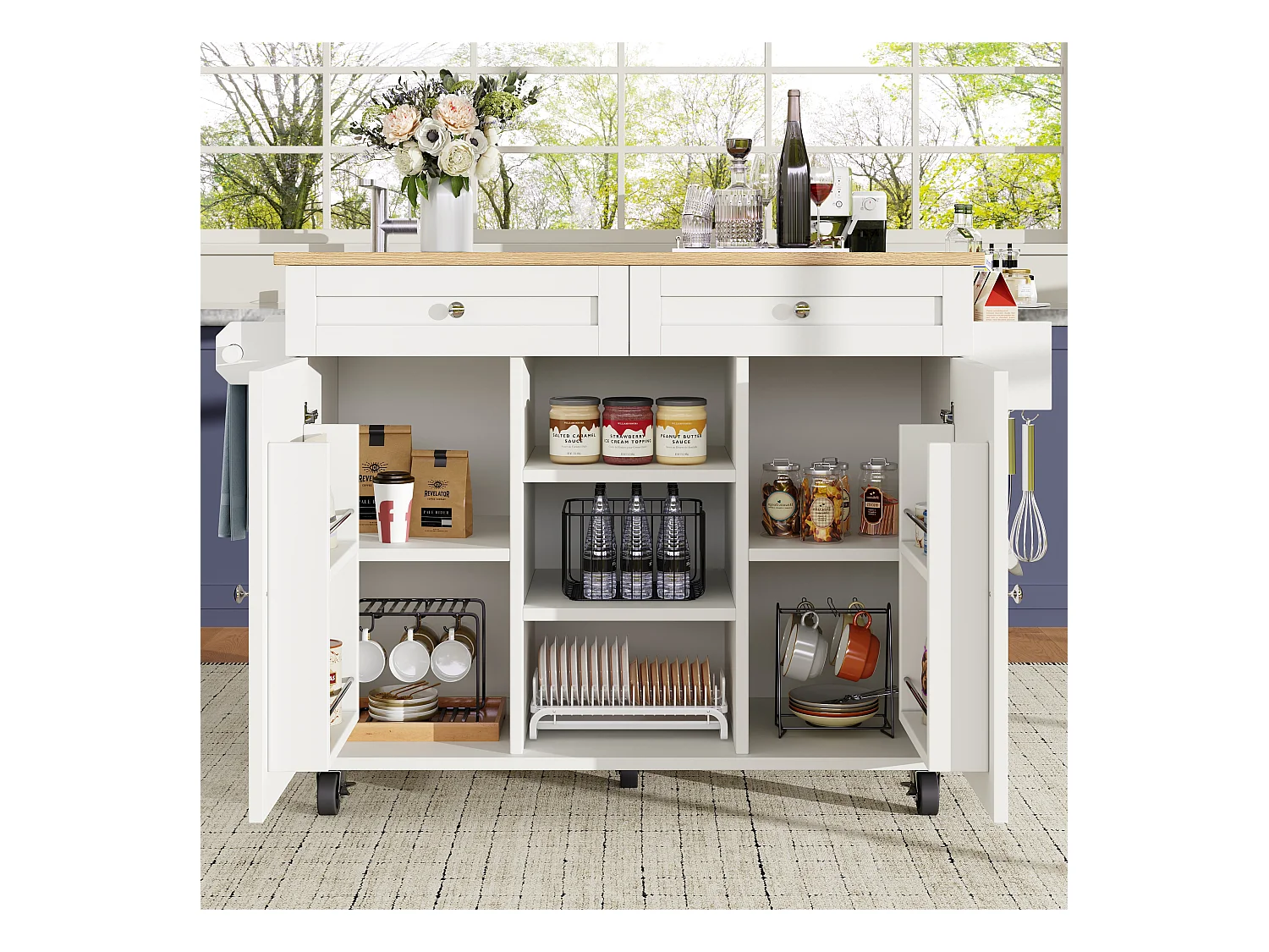 Ilot central de cuisine moderne 134x45.2x89cm - 2 tiroirs et 2 portes - plateau extensible - avec roulettes - blanc