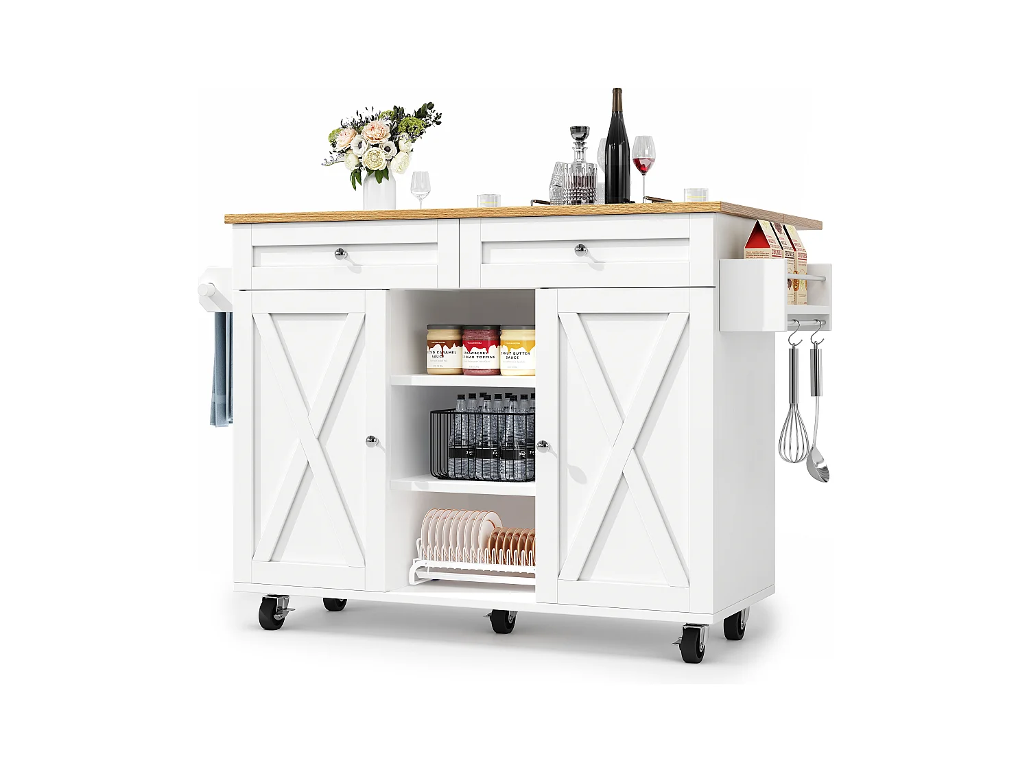 Ilot central de cuisine moderne 134x45.2x89cm - 2 tiroirs et 2 portes - plateau extensible - avec roulettes - blanc