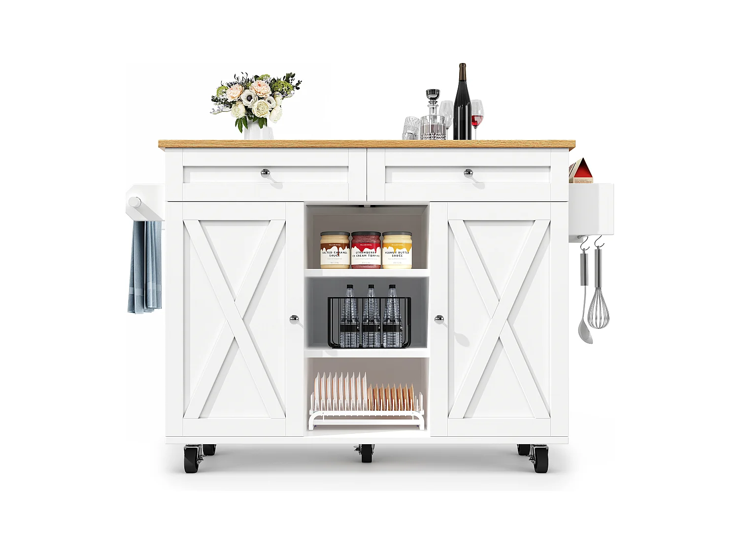 Ilot central de cuisine moderne 134x45.2x89cm - 2 tiroirs et 2 portes - plateau extensible - avec roulettes - blanc