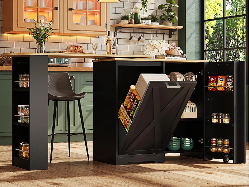 Mueble de bar moderno giratorio 360° - 203×38×105,5 cm - con 2 puertas - con estantes abiertos - negro