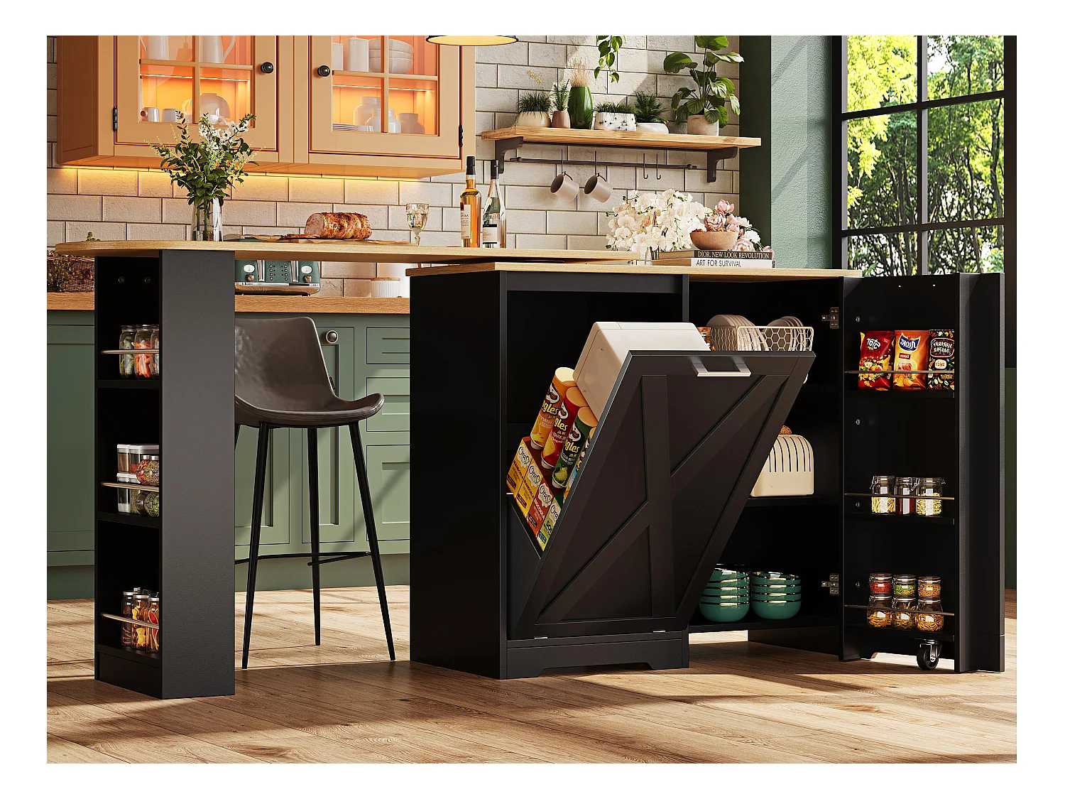 Meuble de bar moderne rotative à 360° - 203x38x105.5cm - avec 2 portes - avec étagères ouvertes - noir