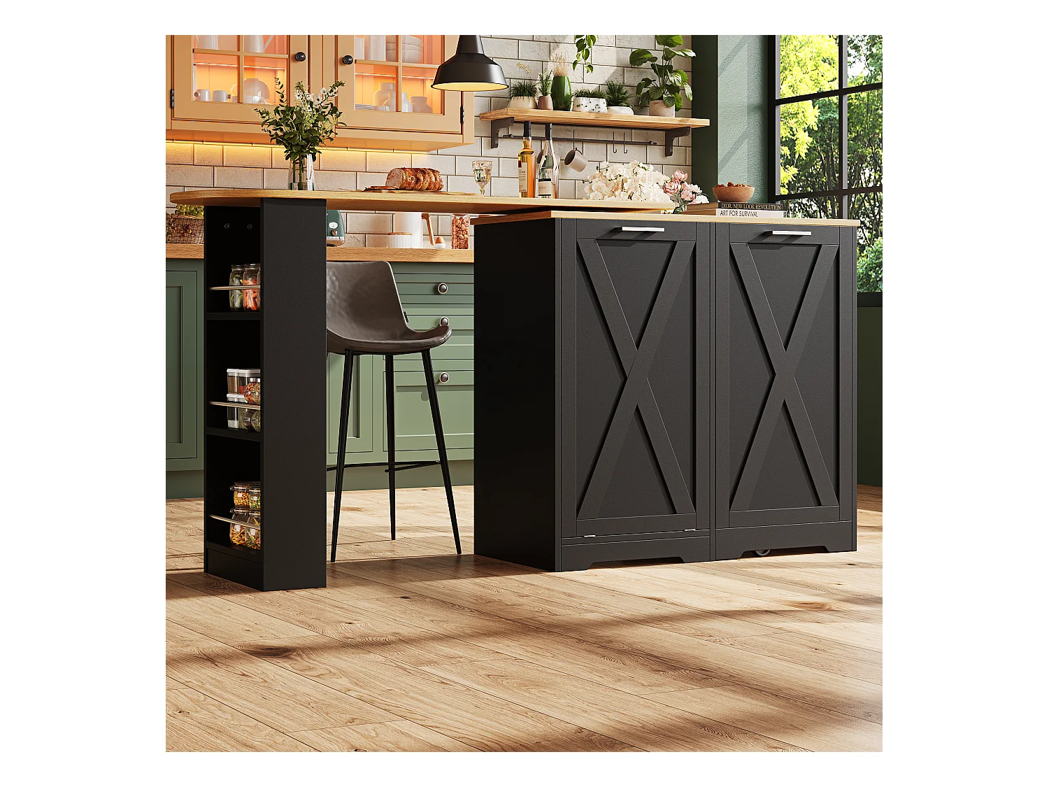Meuble de bar moderne rotative à 360° - 203x38x105.5cm - avec 2 portes - avec étagères ouvertes - noir