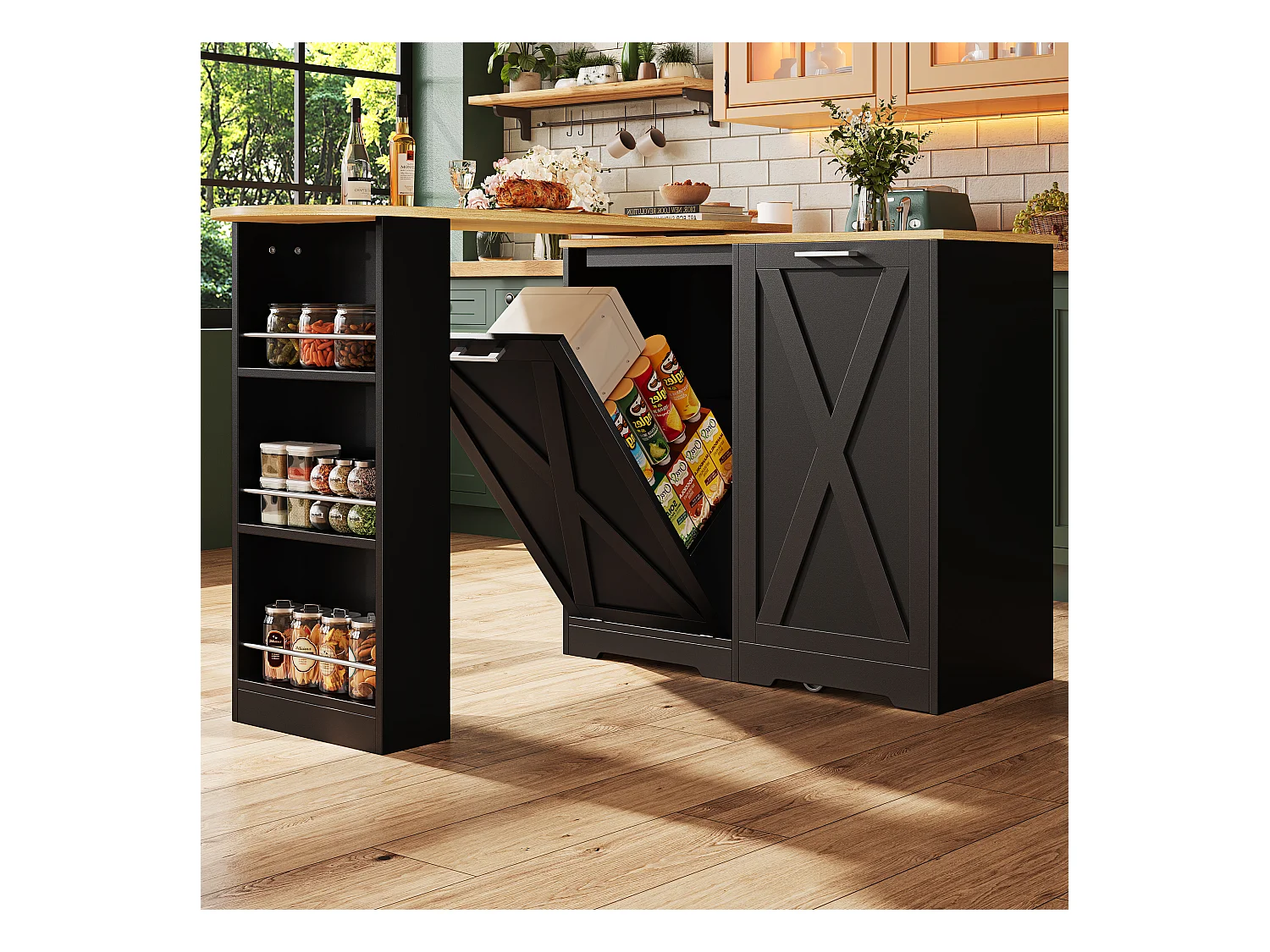 Meuble de bar moderne rotative à 360° - 203x38x105.5cm - avec 2 portes - avec étagères ouvertes - noir