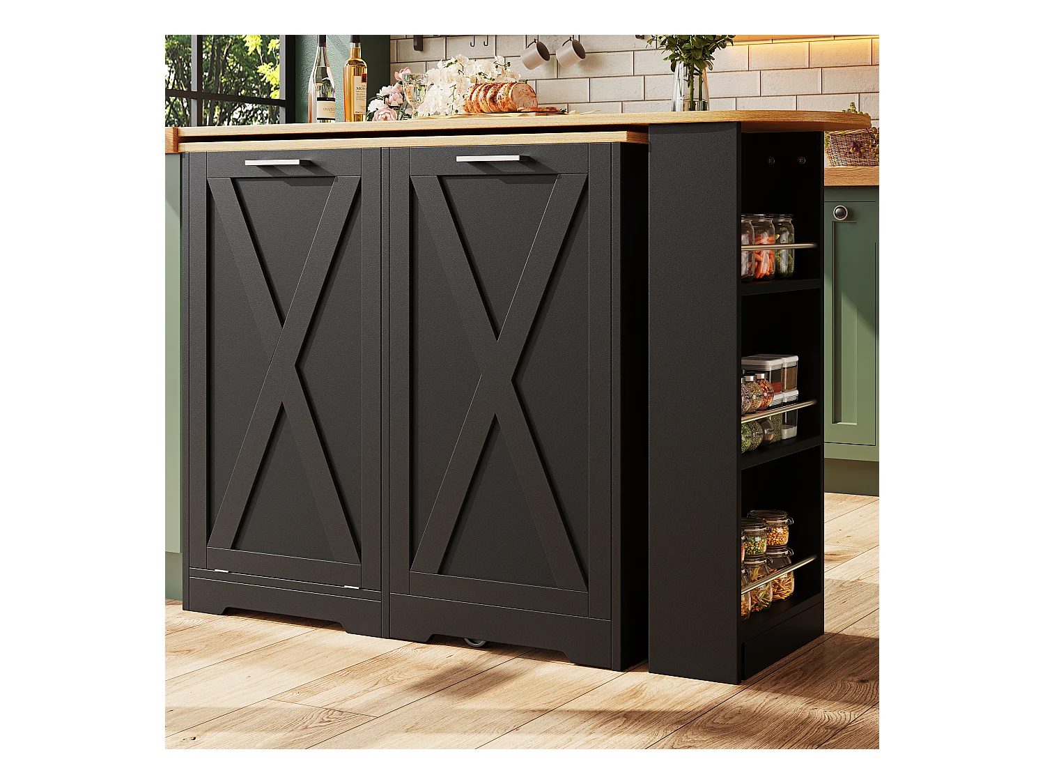 Meuble de bar moderne rotative à 360° - 203x38x105.5cm - avec 2 portes - avec étagères ouvertes - noir