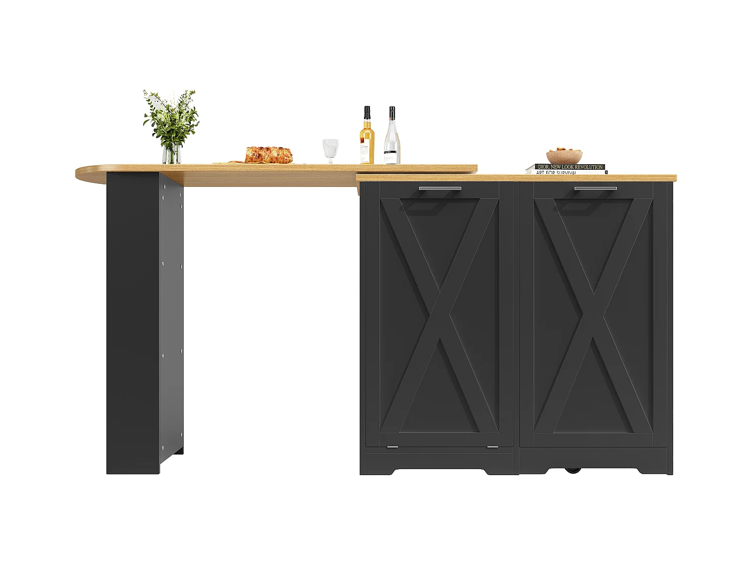 Meuble de bar moderne rotative à 360° - 203x38x105.5cm - avec 2 portes - avec étagères ouvertes - noir