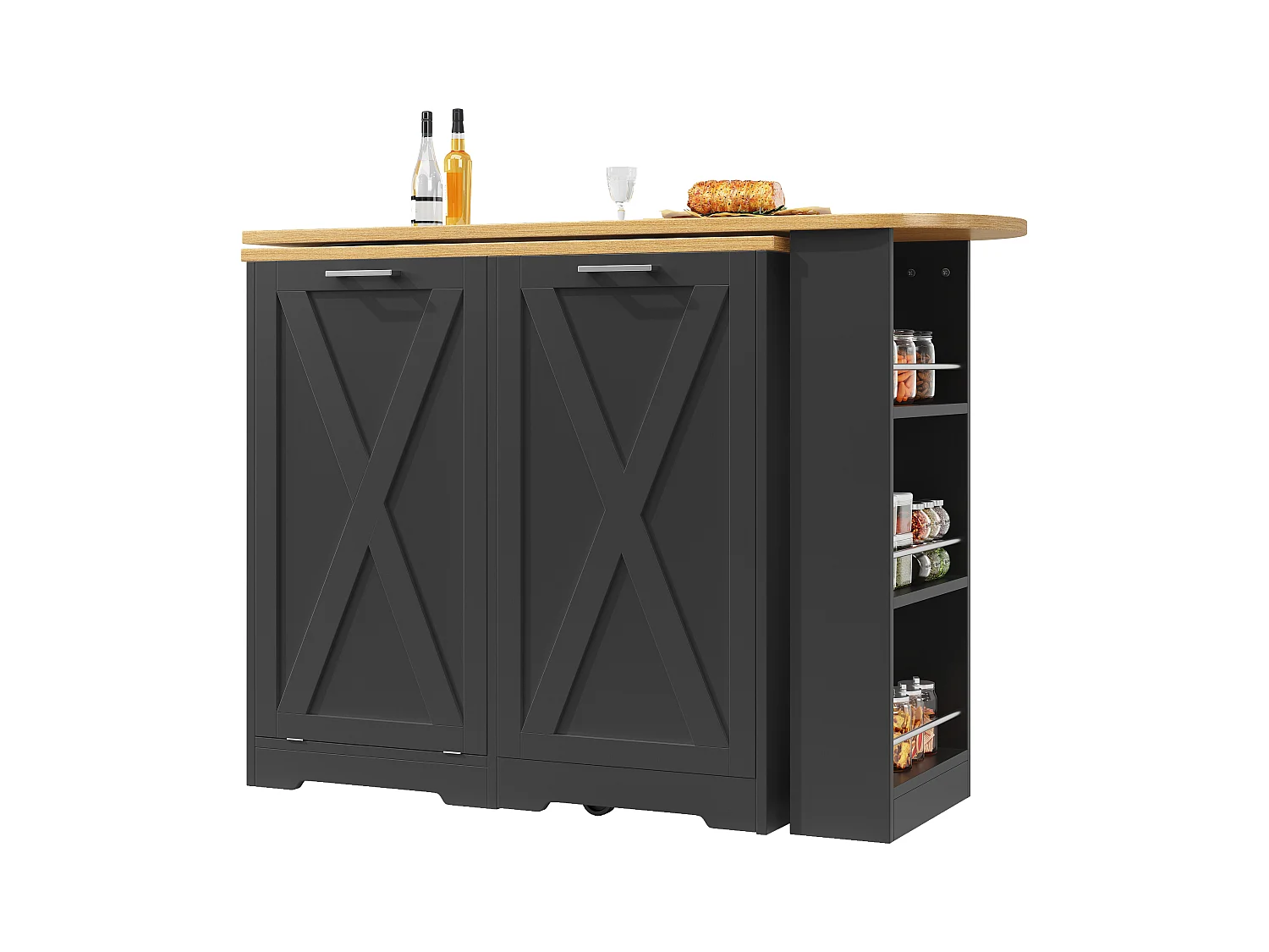 Meuble de bar moderne rotative à 360° - 203x38x105.5cm - avec 2 portes - avec étagères ouvertes - noir