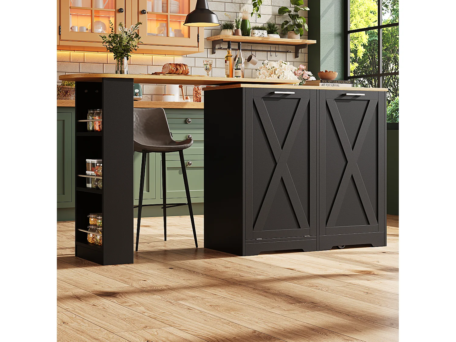 Mobile bar moderno rotante 360° - 203×38×105,5 cm - con 2 ante - con scaffali aperti - nero
