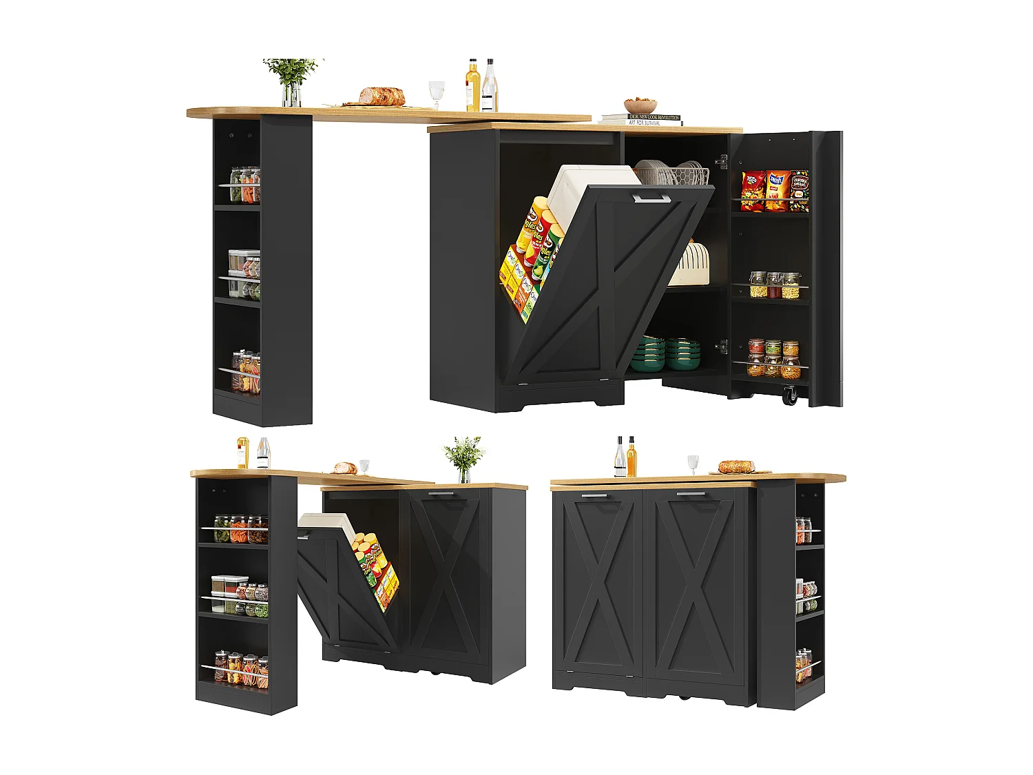 Mobile bar moderno rotante 360° - 203×38×105,5 cm - con 2 ante - con scaffali aperti - nero