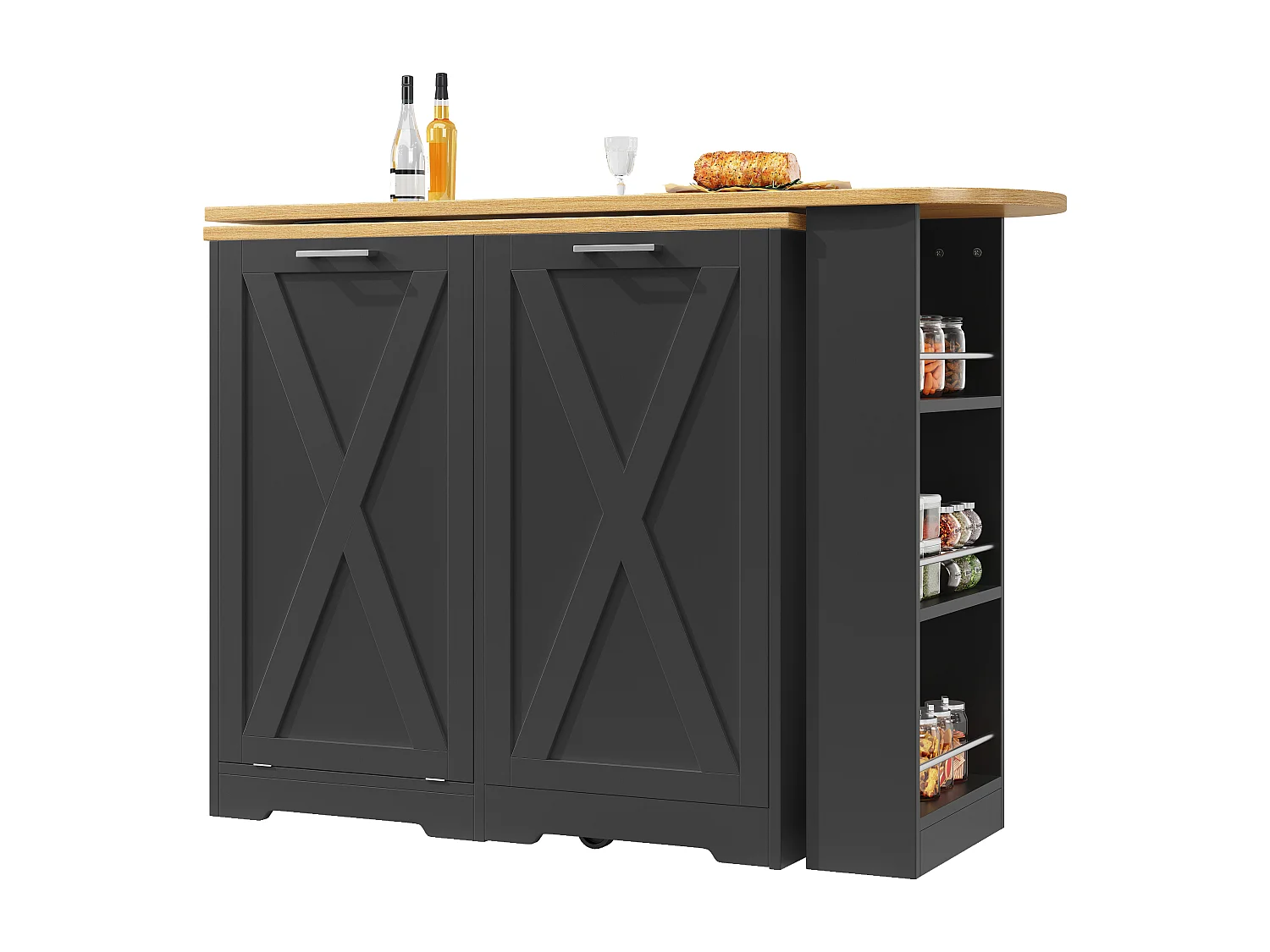 Mobile bar moderno rotante 360° - 203×38×105,5 cm - con 2 ante - con scaffali aperti - nero