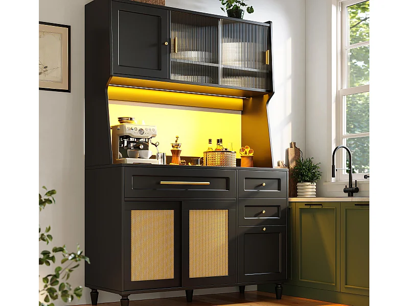 Buffet de cozinha 120×45×195,5 cm - com iluminação LED - 3 gavetas e 6 portas - prateleiras ajustáveis - preto