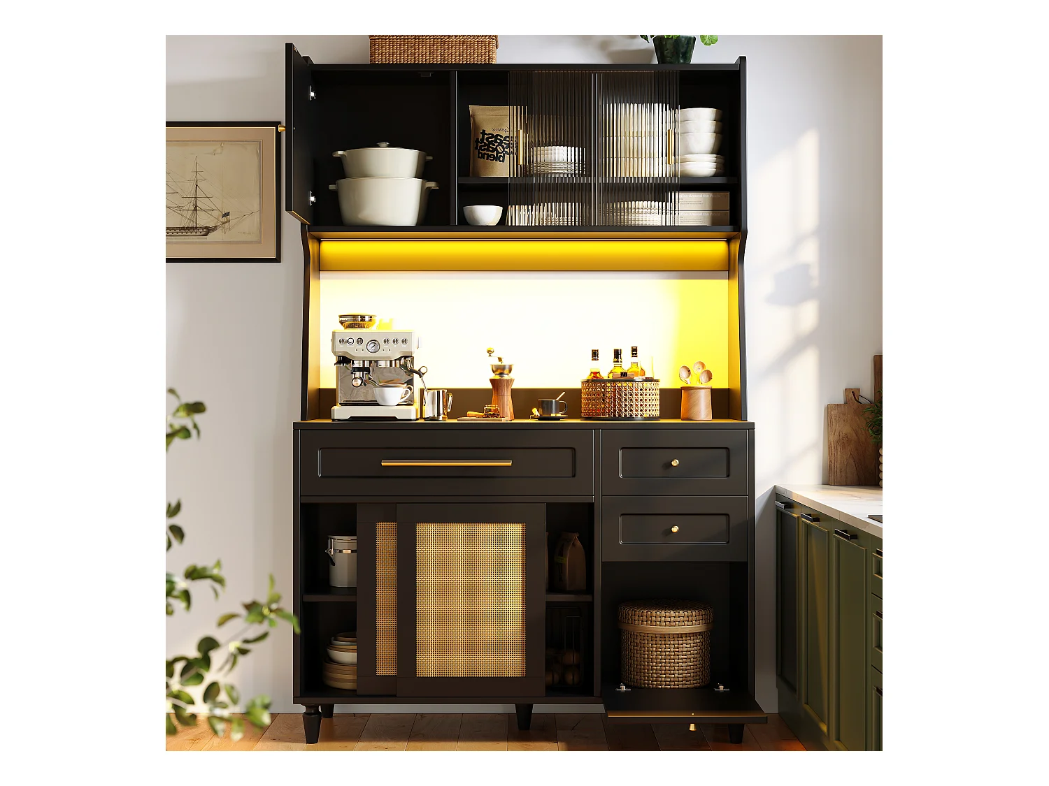Buffet de cuisine 120x45x195.5cm - avec éclairage LED - 3 tiroirs et 6 portes - étagères réglables - noir