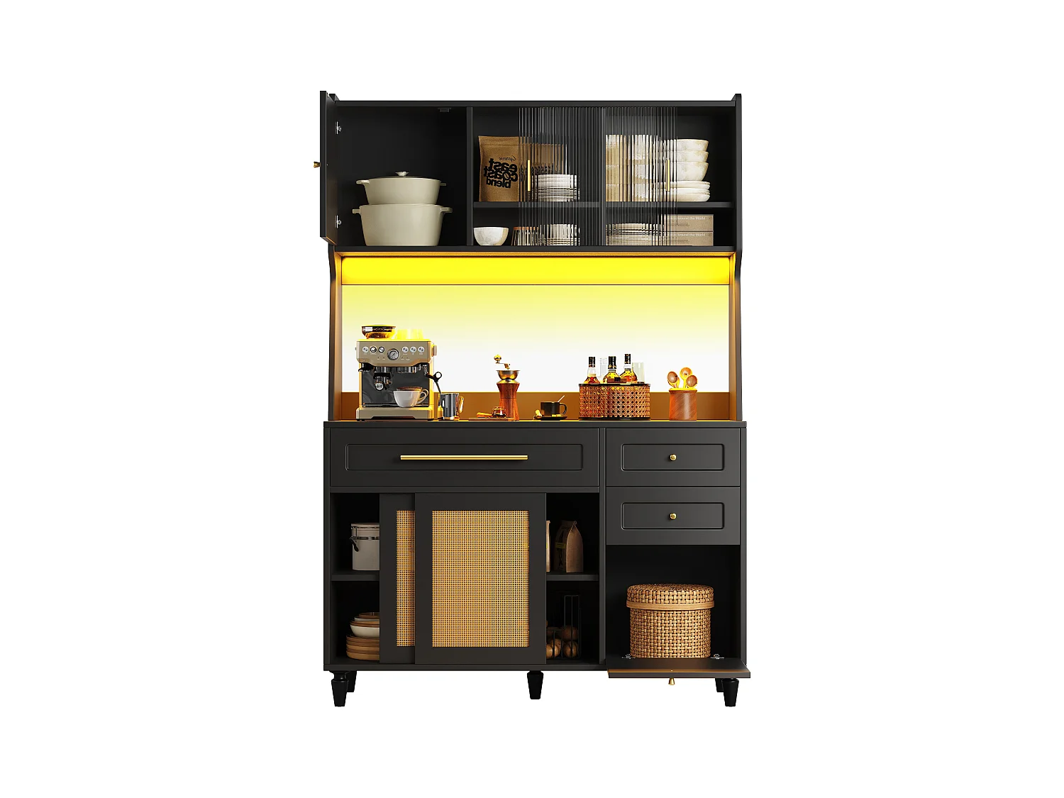 Buffet de cuisine 120x45x195.5cm - avec éclairage LED - 3 tiroirs et 6 portes - étagères réglables - noir