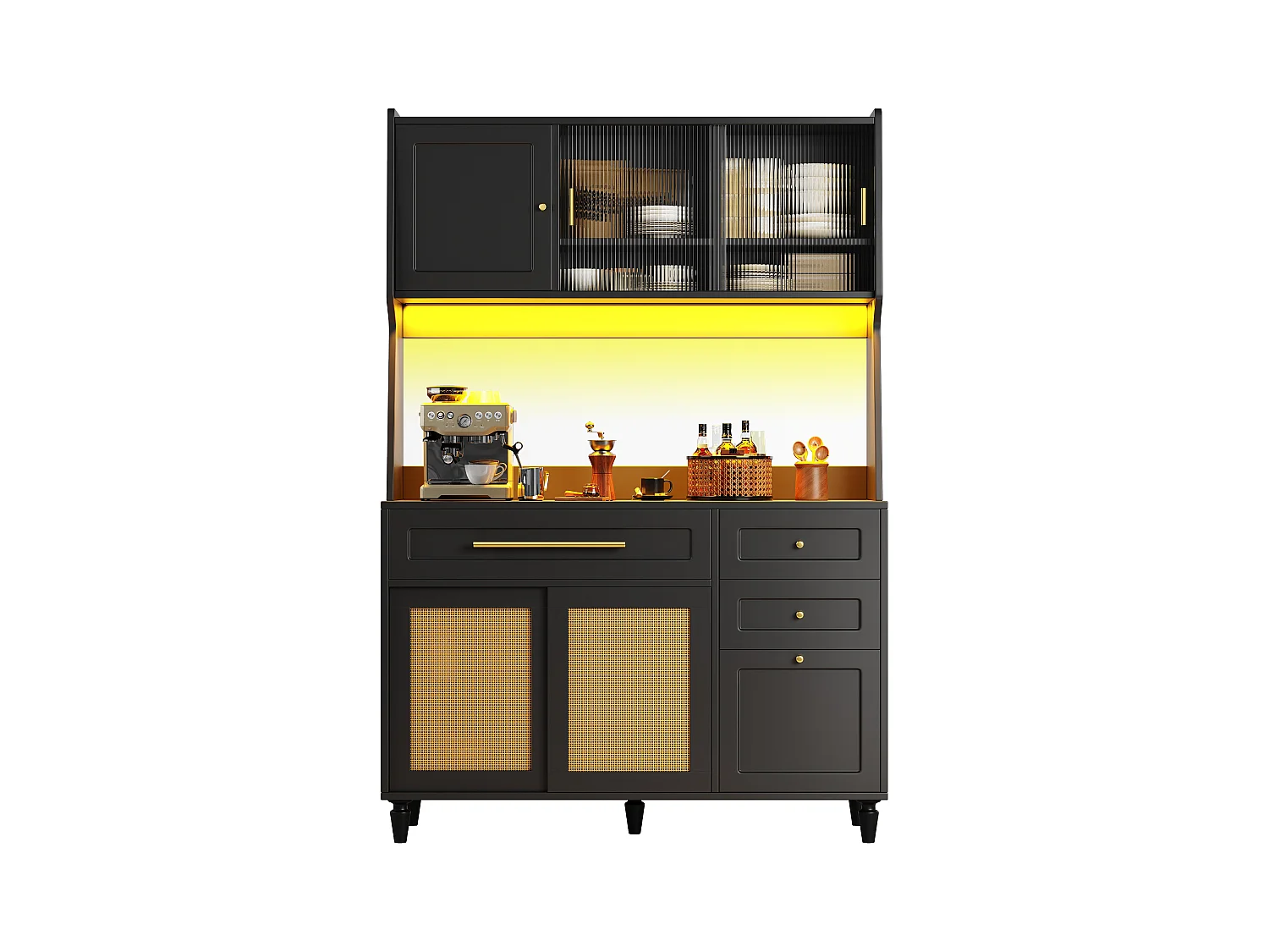 Buffet de cuisine 120x45x195.5cm - avec éclairage LED - 3 tiroirs et 6 portes - étagères réglables - noir