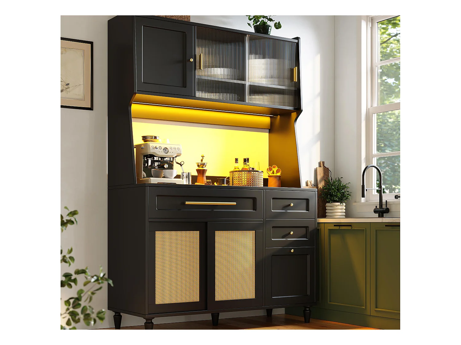 Küchenbuffet 120×45×195,5 cm - mit LED-Beleuchtung - 3 Schubladen und 6 Türen - höhenverstellbare Fächer - schwarz