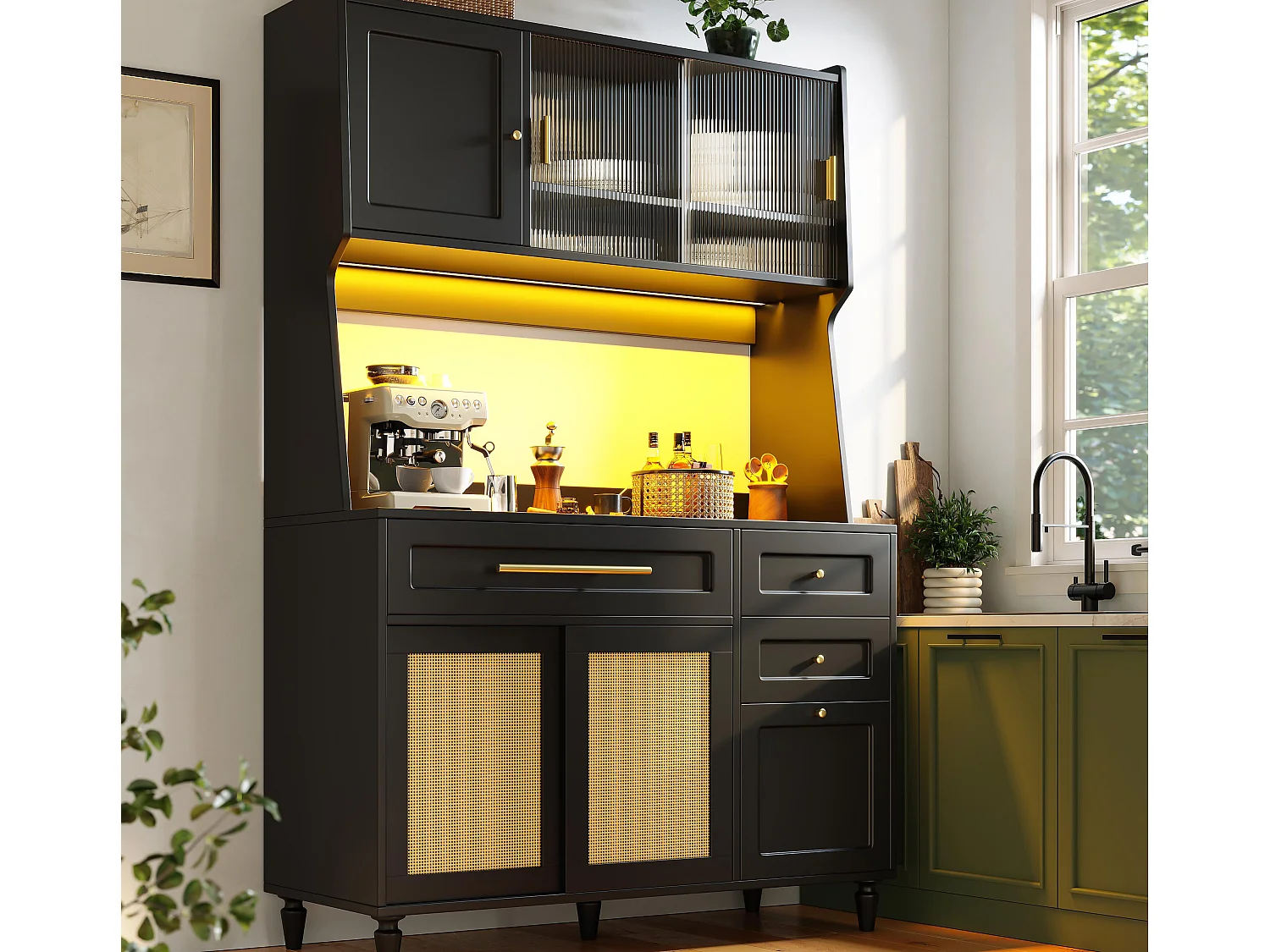 Keukenbuffet 120×45×195,5 cm - met LED-verlichting - 3 laden en 6 deuren - verstelbare planken - zwart