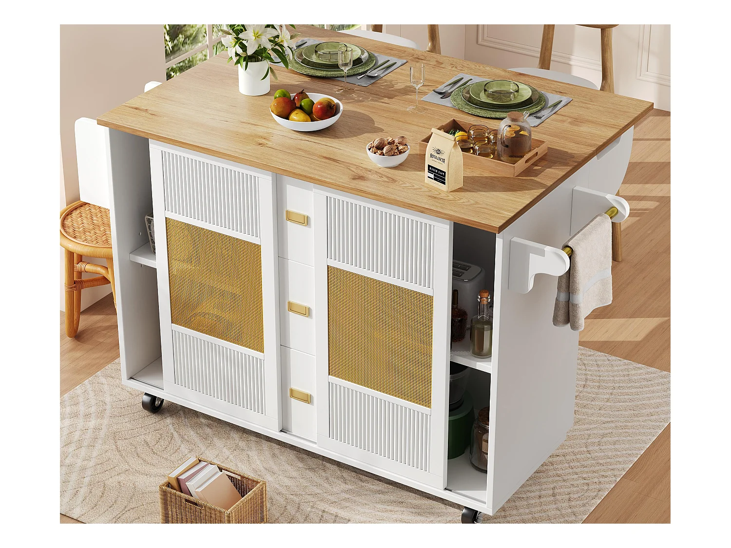 Ilot central de cuisine mobile 146.85x70x90cm - 3 tiroirs et 2 portes - plateau extensible - blanc