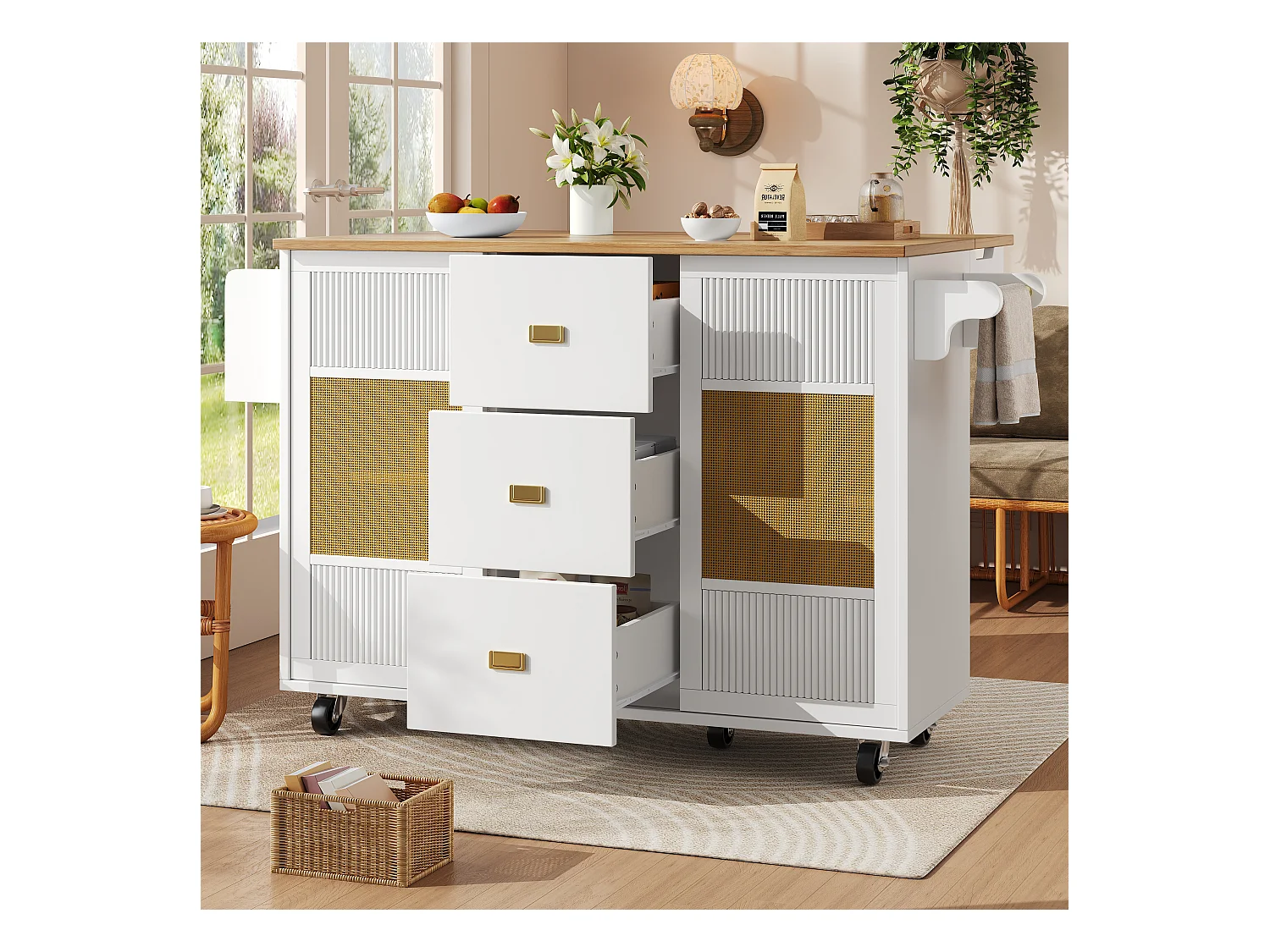 Ilot central de cuisine mobile 146.85x70x90cm - 3 tiroirs et 2 portes - plateau extensible - blanc