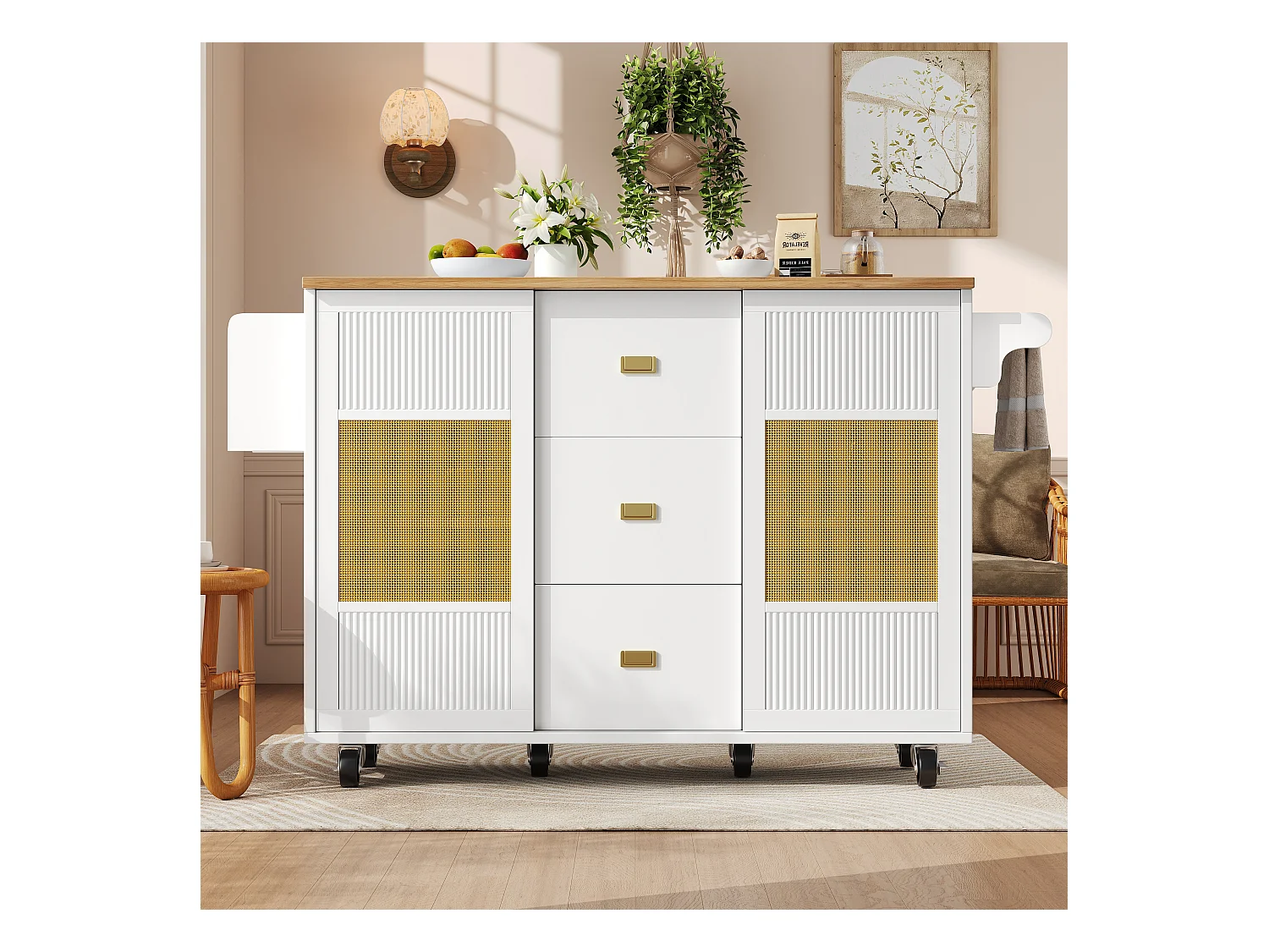 Ilot central de cuisine mobile 146.85x70x90cm - 3 tiroirs et 2 portes - plateau extensible - blanc