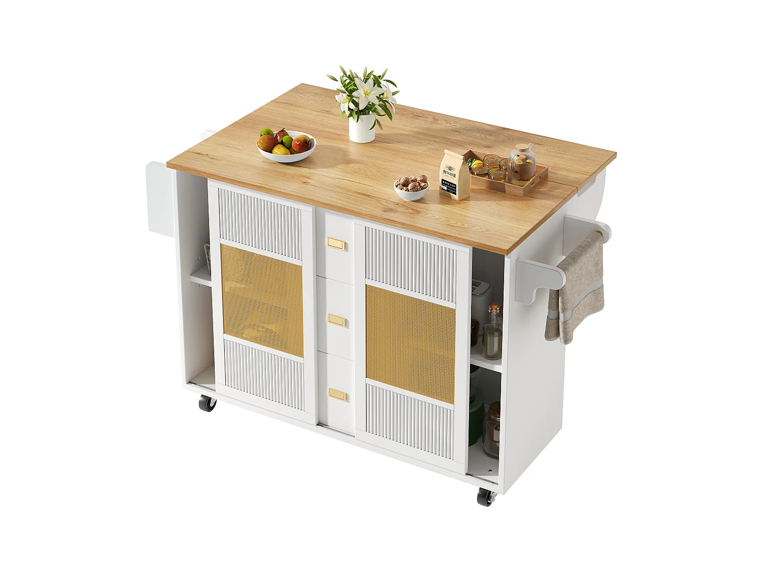 Ilot central de cuisine mobile 146.85x70x90cm - 3 tiroirs et 2 portes - plateau extensible - blanc
