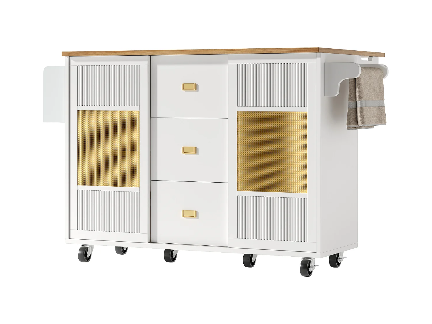 Ilot central de cuisine mobile 146.85x70x90cm - 3 tiroirs et 2 portes - plateau extensible - blanc