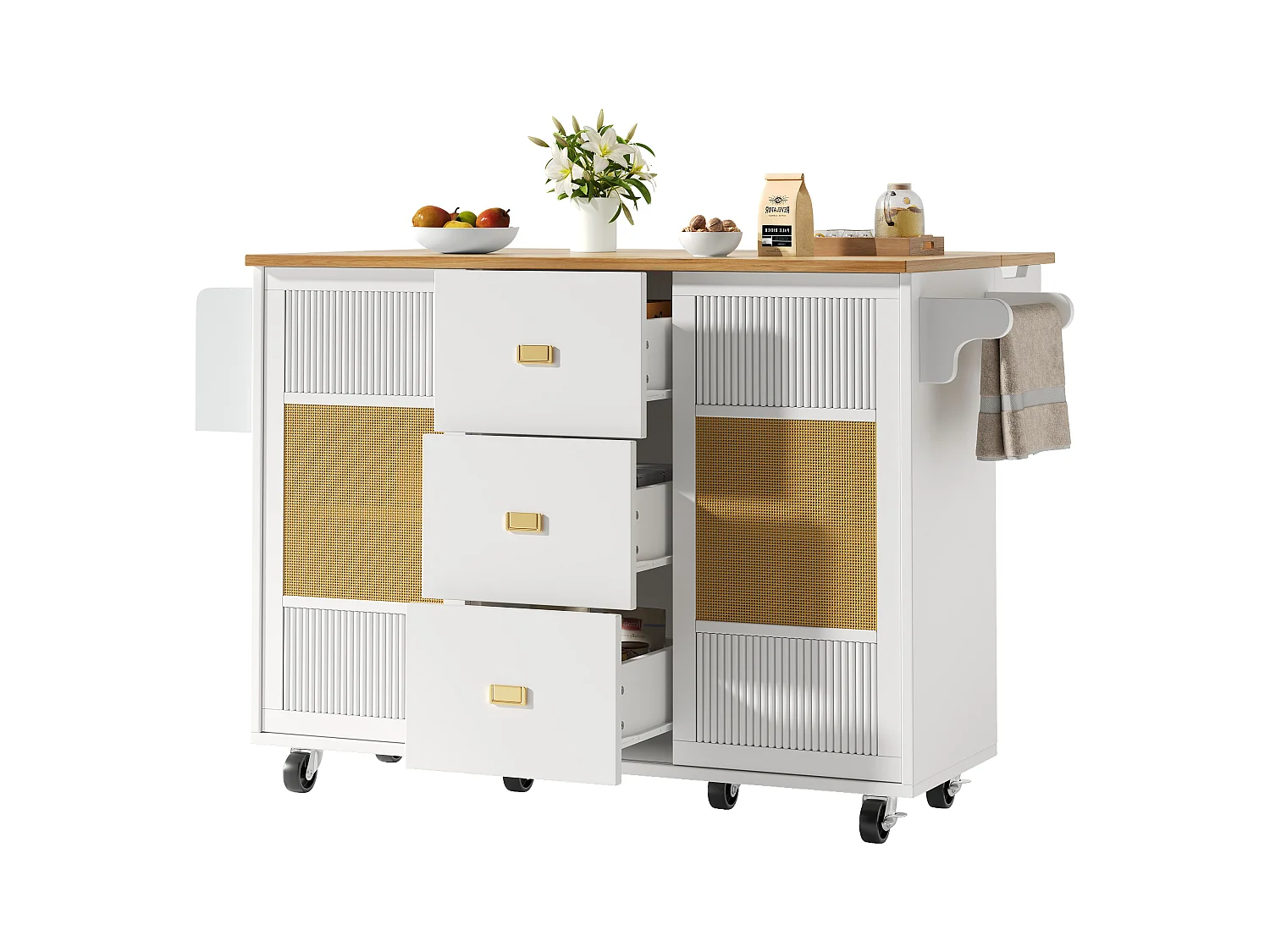 Ilot central de cuisine mobile 146.85x70x90cm - 3 tiroirs et 2 portes - plateau extensible - blanc
