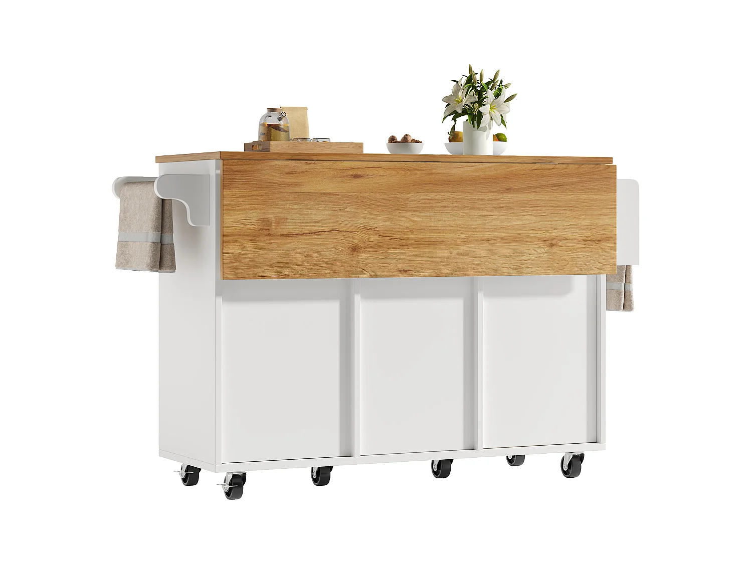 Ilot central de cuisine mobile 146.85x70x90cm - 3 tiroirs et 2 portes - plateau extensible - blanc